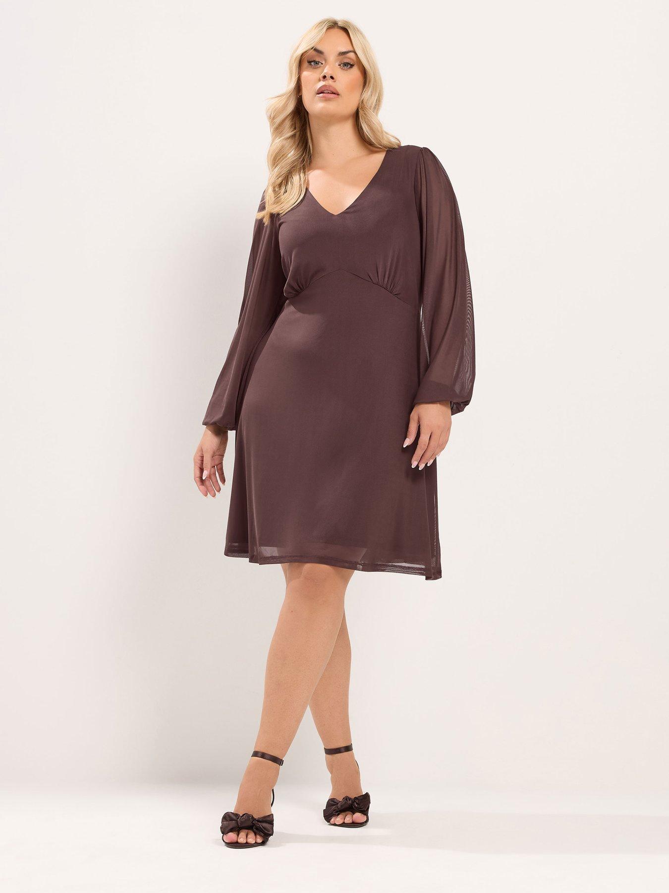 Image 3 of 4 of Yours Curve Mesh Balloon Sleeve Mini Dress - Brown