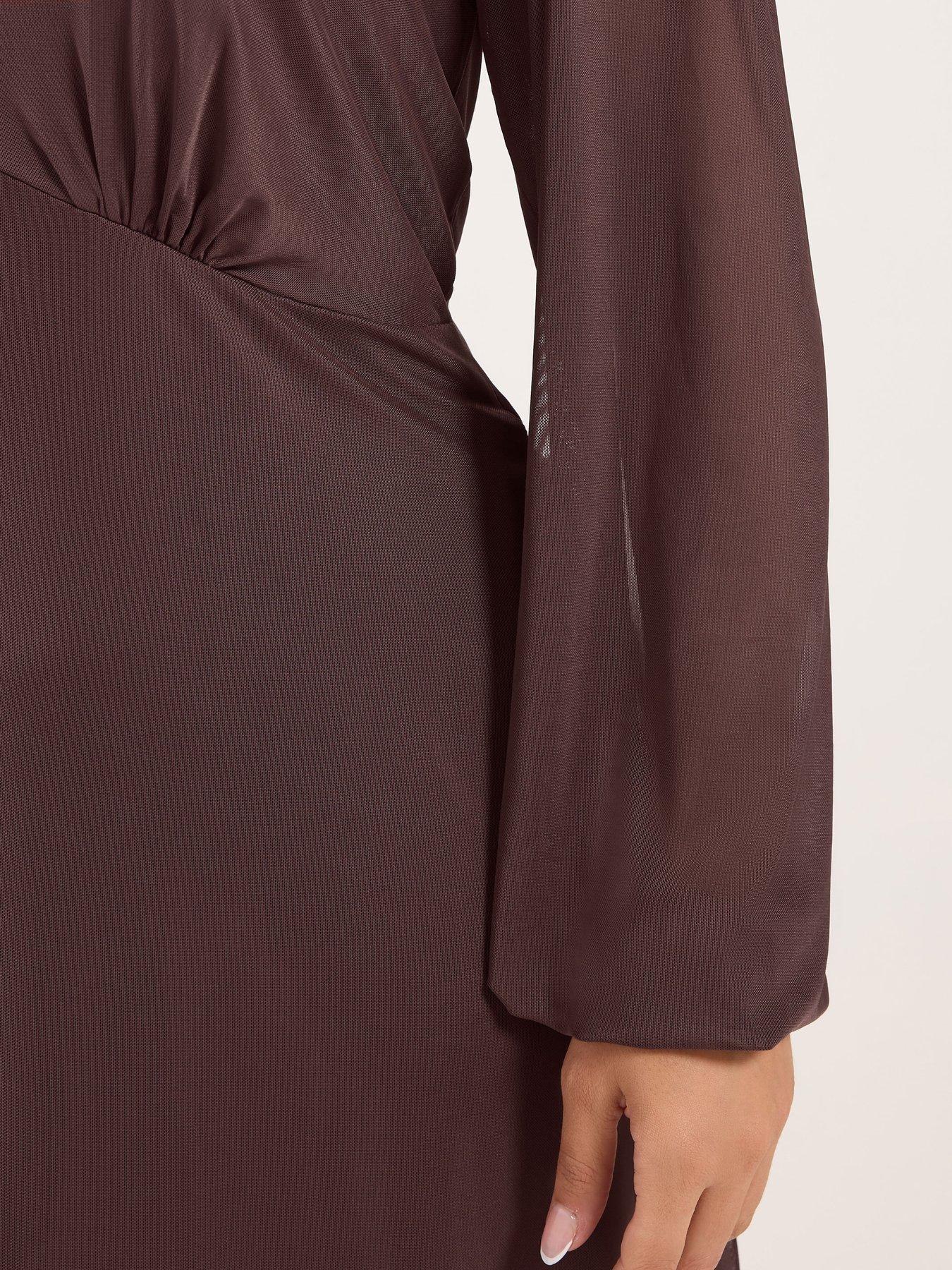 Image 4 of 4 of Yours Curve Mesh Balloon Sleeve Mini Dress - Brown
