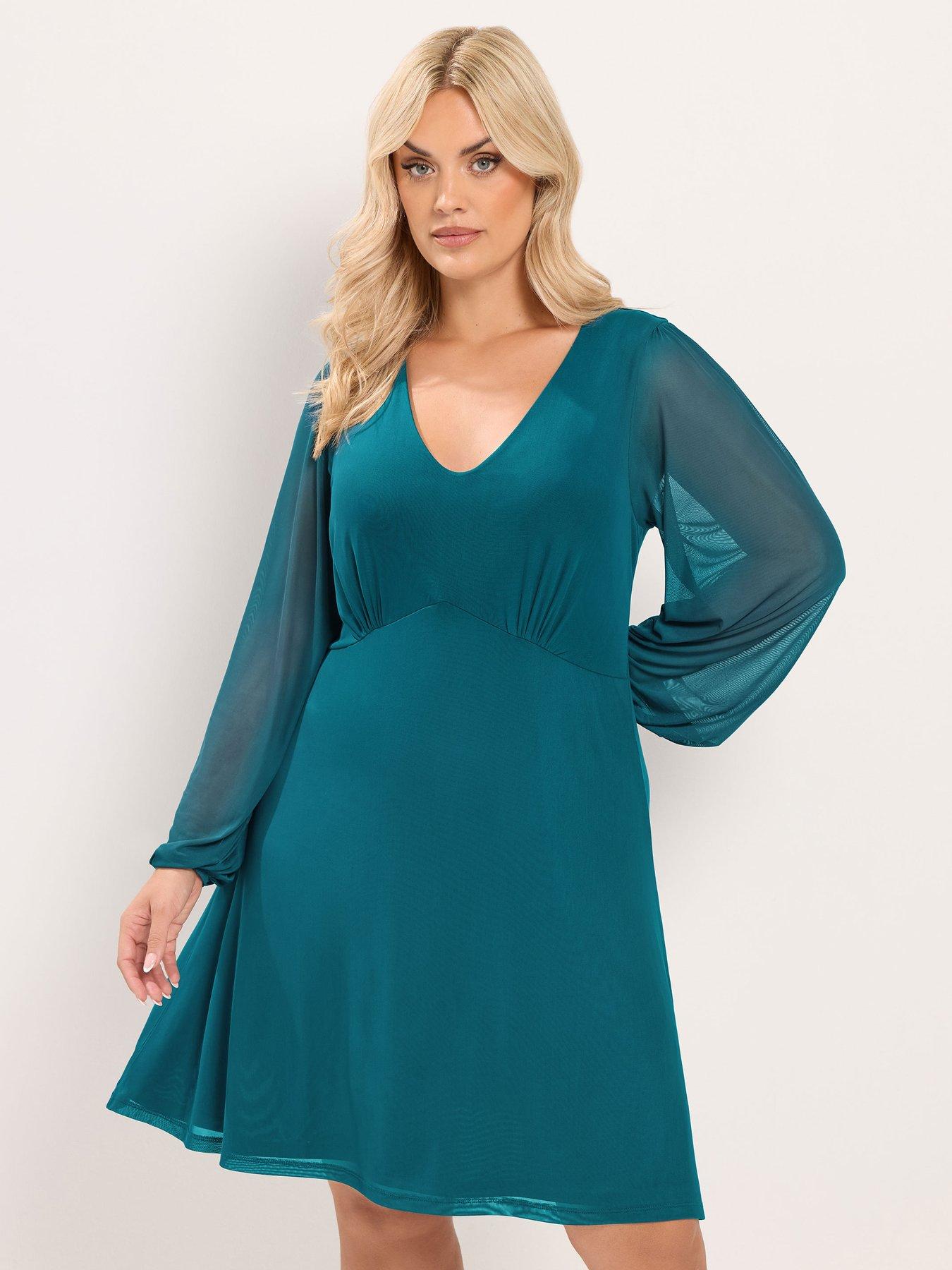 Yours Curve Mesh Balloon Sleeve Mini Dress - Blue