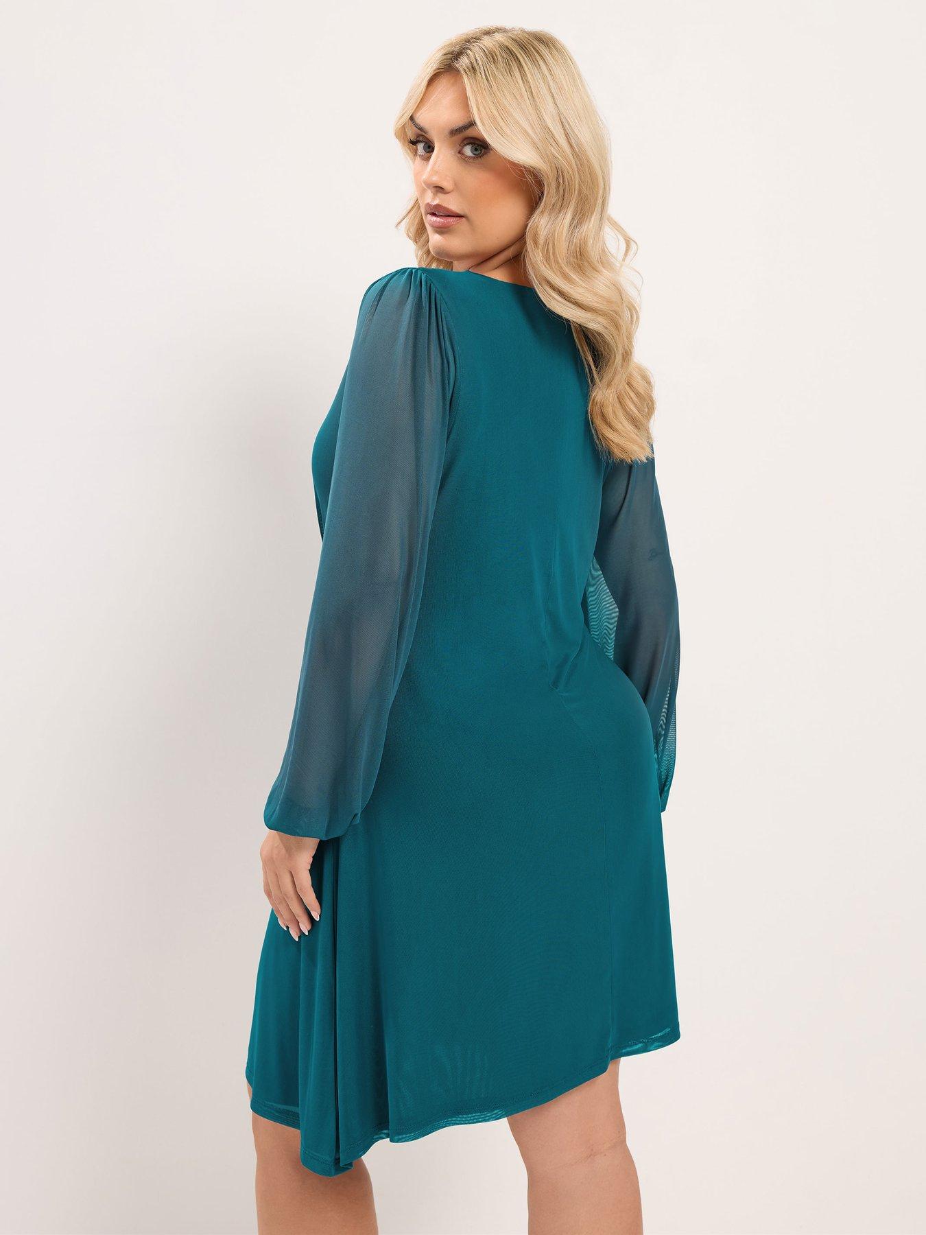 Image 2 of 4 of Yours Curve Mesh Balloon Sleeve Mini Dress - Blue