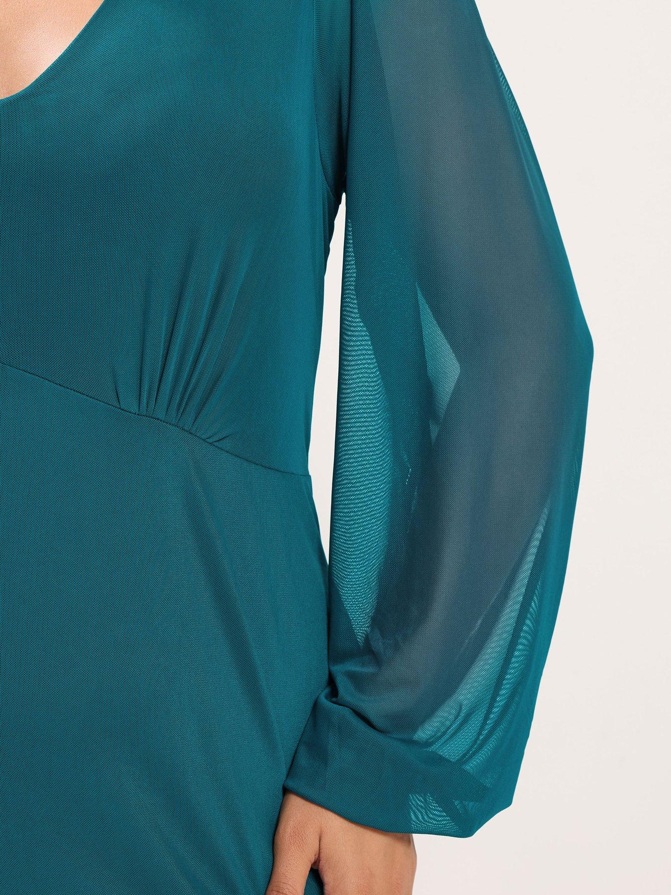 Image 4 of 4 of Yours Curve Mesh Balloon Sleeve Mini Dress - Blue
