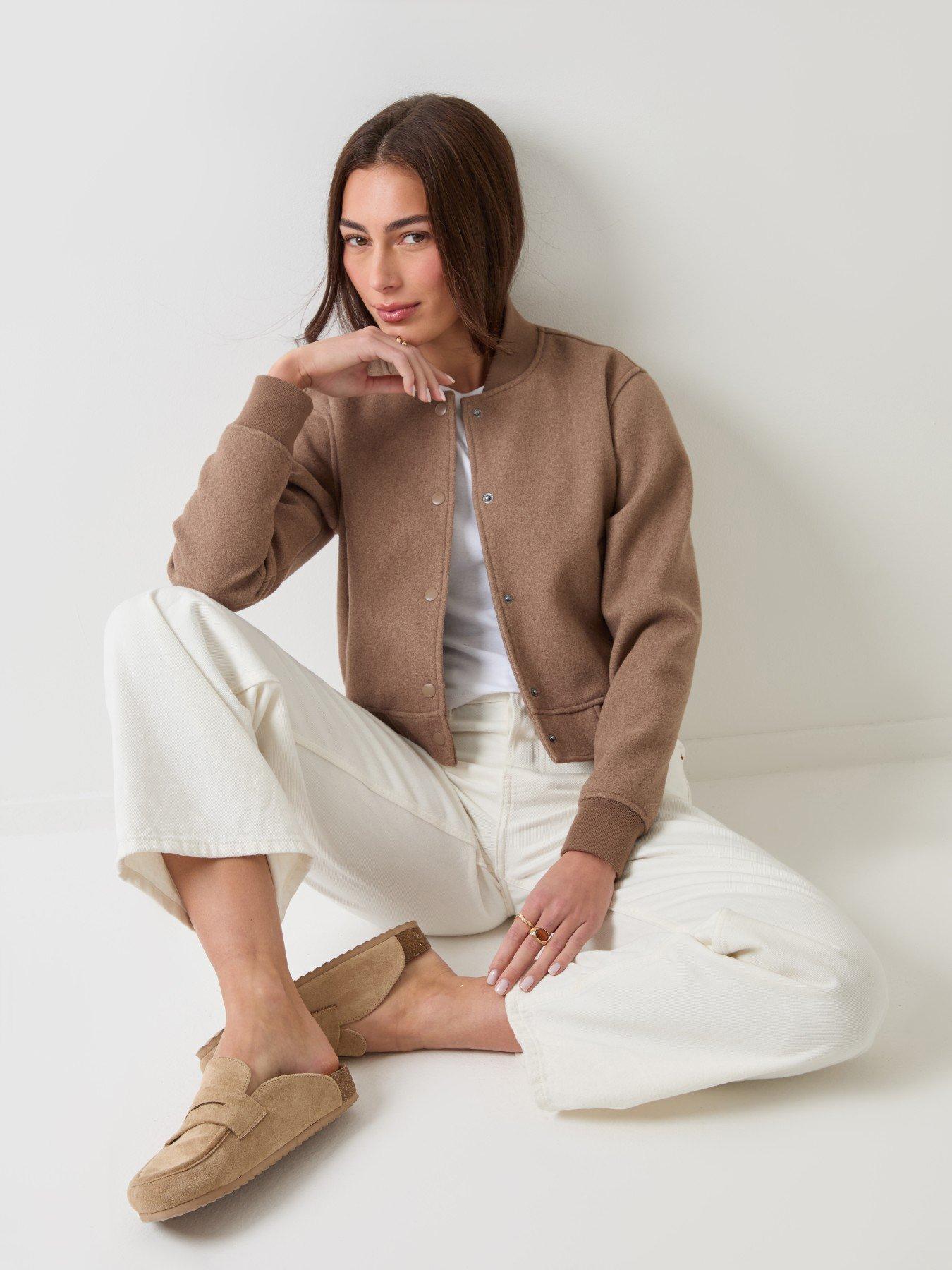 Image 1 of 6 of Threadbare Petite Faux Wool Bomber Jacket In Mocha Brown