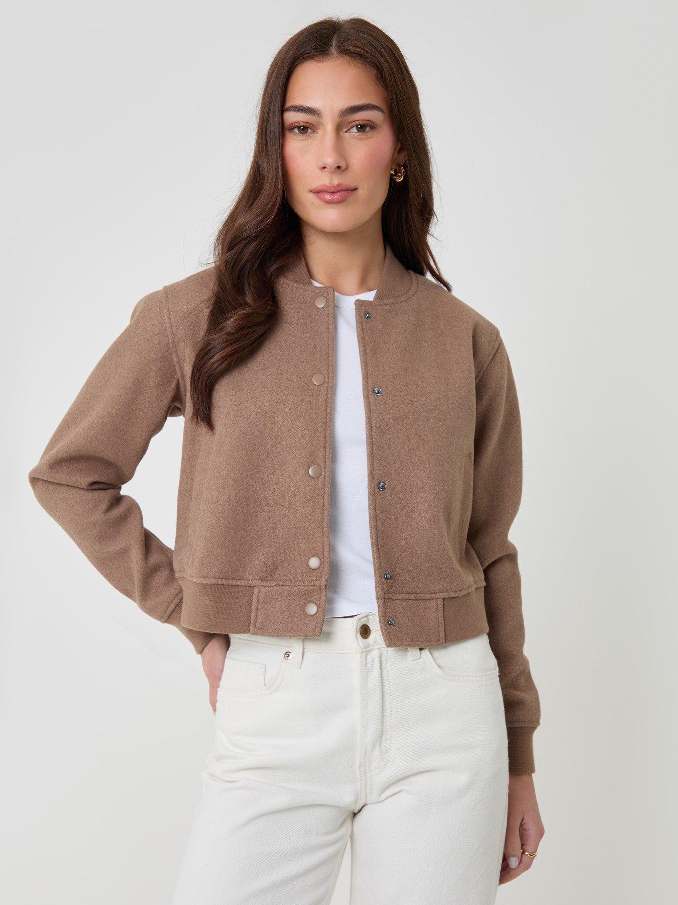 Image 3 of 6 of Threadbare Petite Faux Wool Bomber Jacket In Mocha Brown