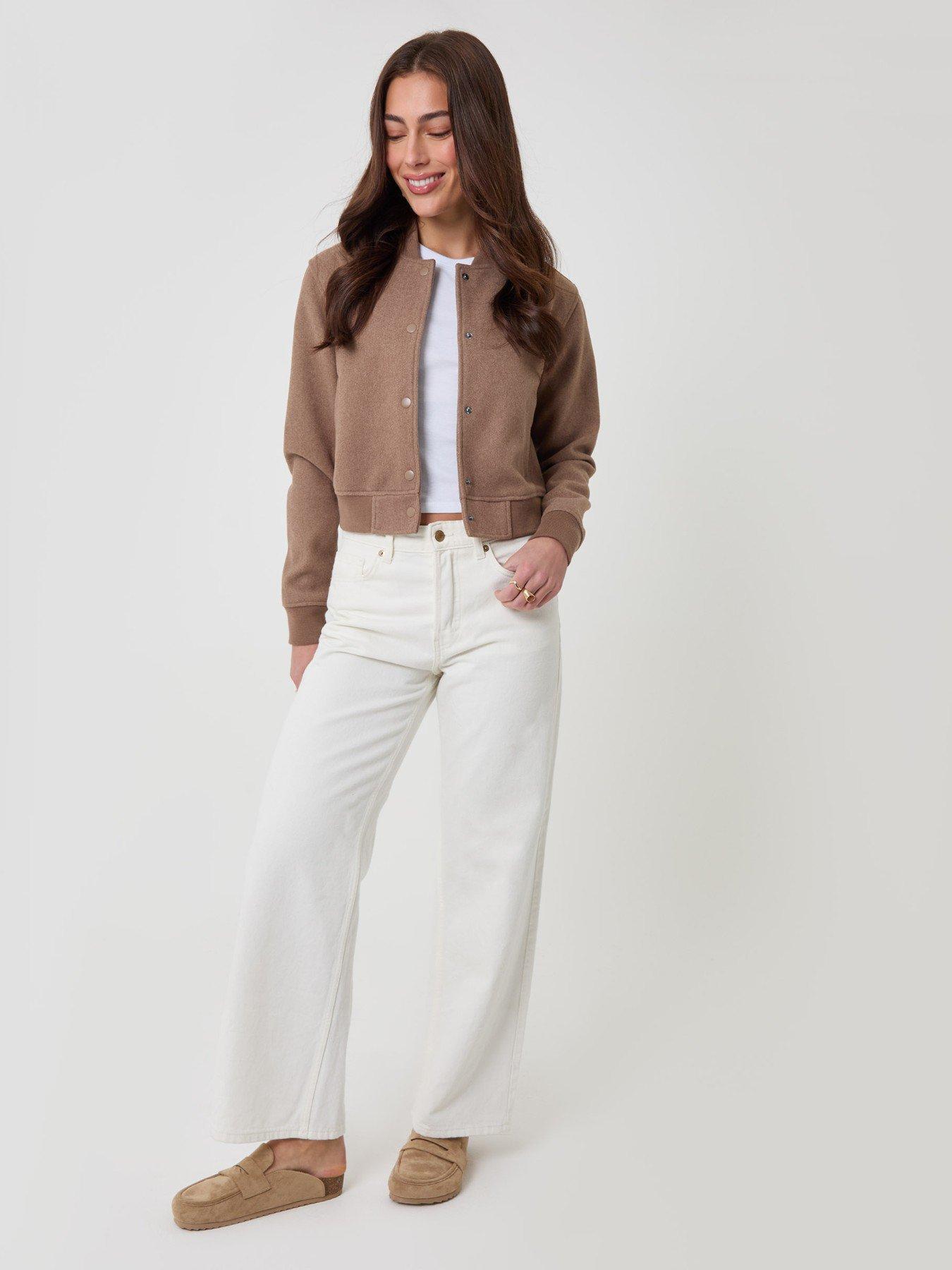 Image 4 of 6 of Threadbare Petite Faux Wool Bomber Jacket In Mocha Brown