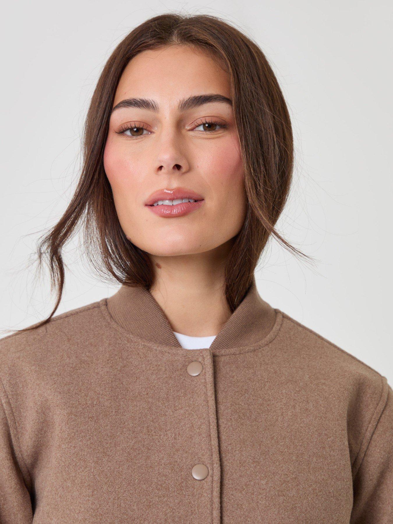 Image 5 of 6 of Threadbare Petite Faux Wool Bomber Jacket In Mocha Brown
