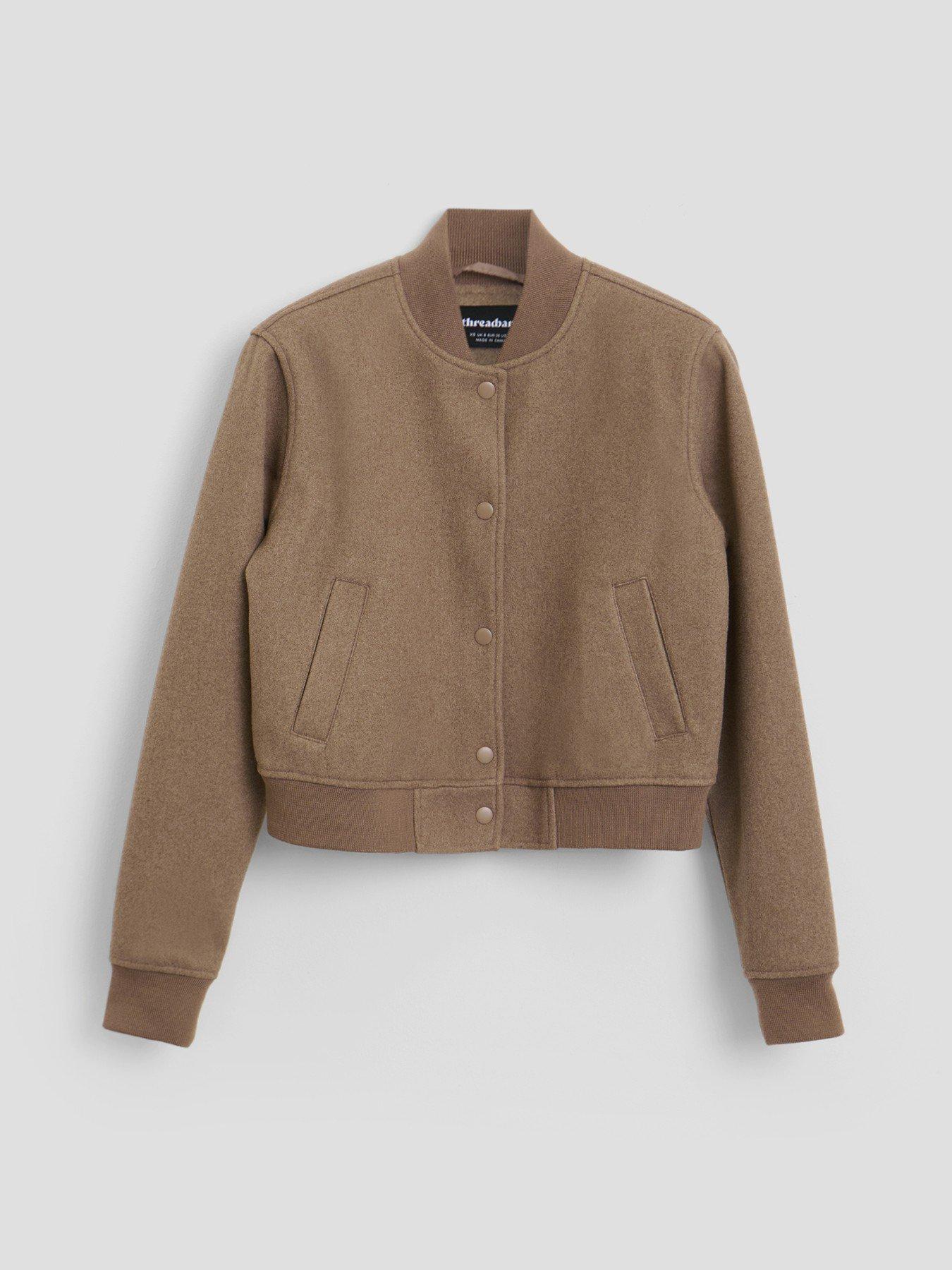 Image 6 of 6 of Threadbare Petite Faux Wool Bomber Jacket In Mocha Brown