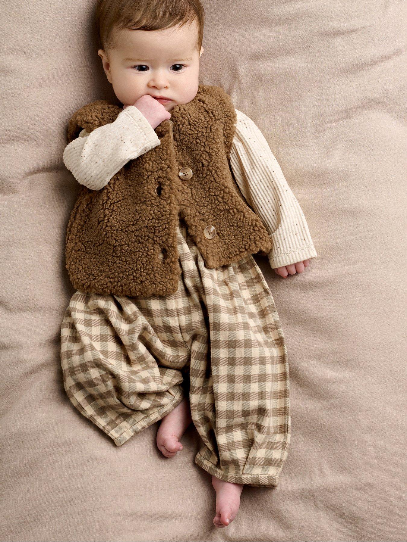 Mamas & Papas Baby Unisex 3 Piece Bodysuit, Borg Gilet  &  Gingham Trouser Outfit Set - Beige