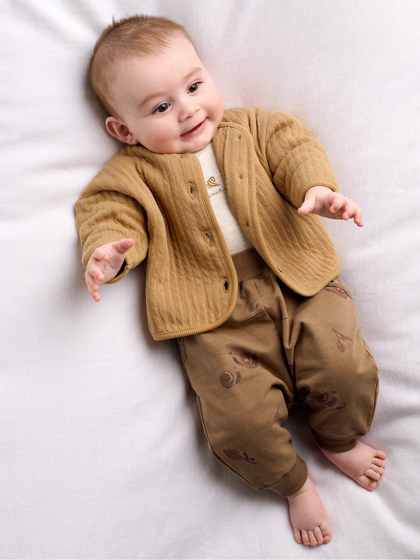 Mamas & Papas Baby Unisex 3 Piece Snail Quilted Jacket Bodysuit  &  Joggers Outfit Set - Beige