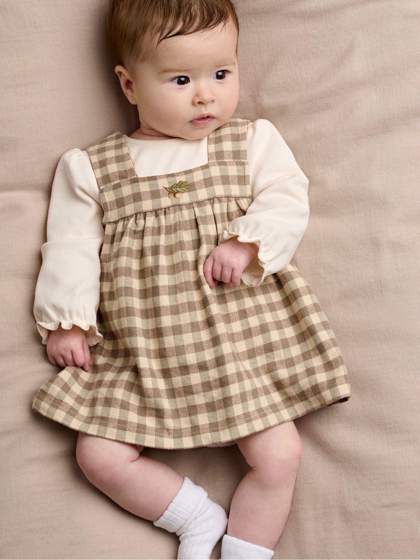 Mamas & Papas Baby Unisex 2 Piece Acorn Gingham Dress  &  Bodysuit Set - Beige