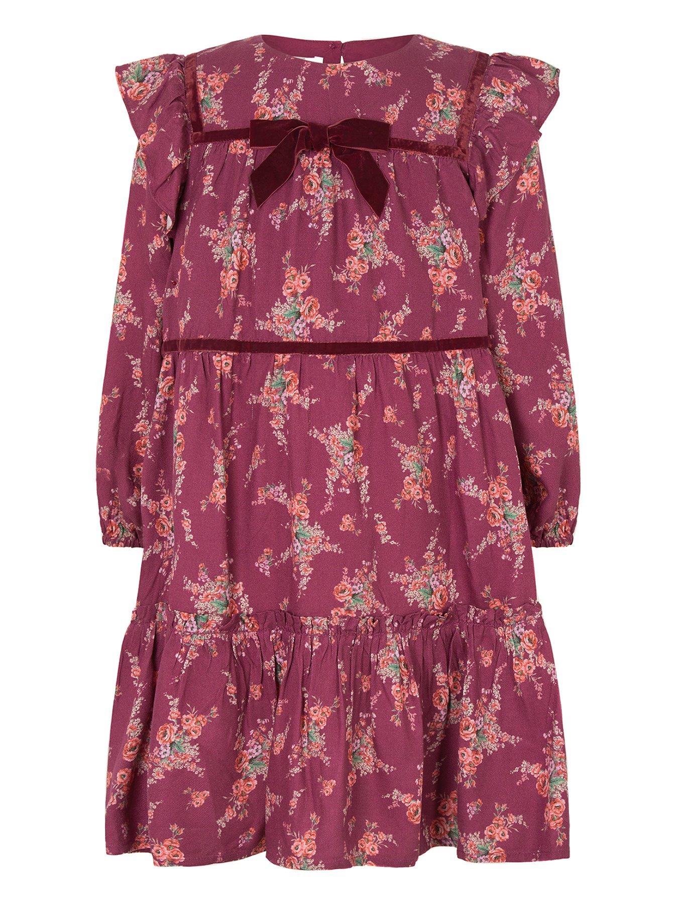 Monsoon Girls' Floral Print Viscose Dress with Velvet Trim - Dark Red