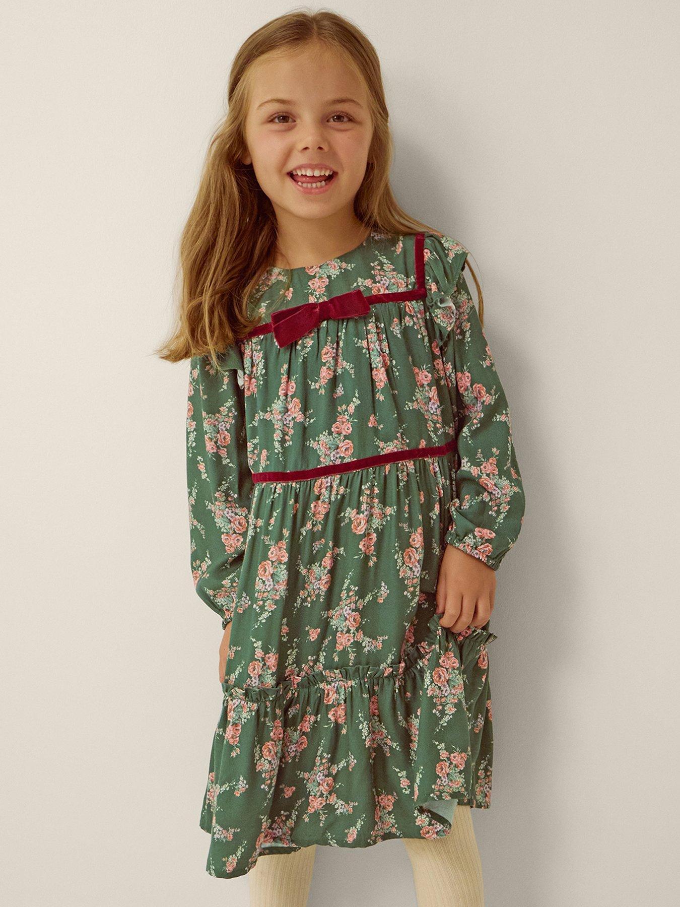 Monsoon Girls' Floral Print Viscose Dress with Velvet Trim - Green