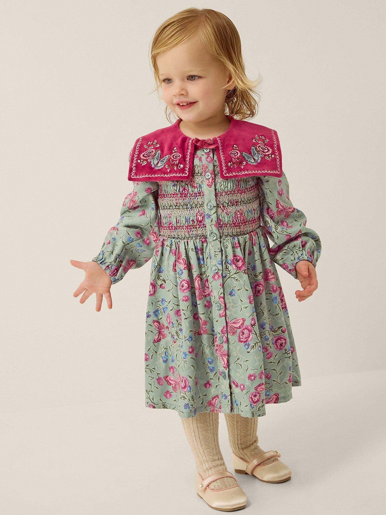 Image 1 of 4 of Monsoon Baby Girls Ditsy Collar Dress - Green