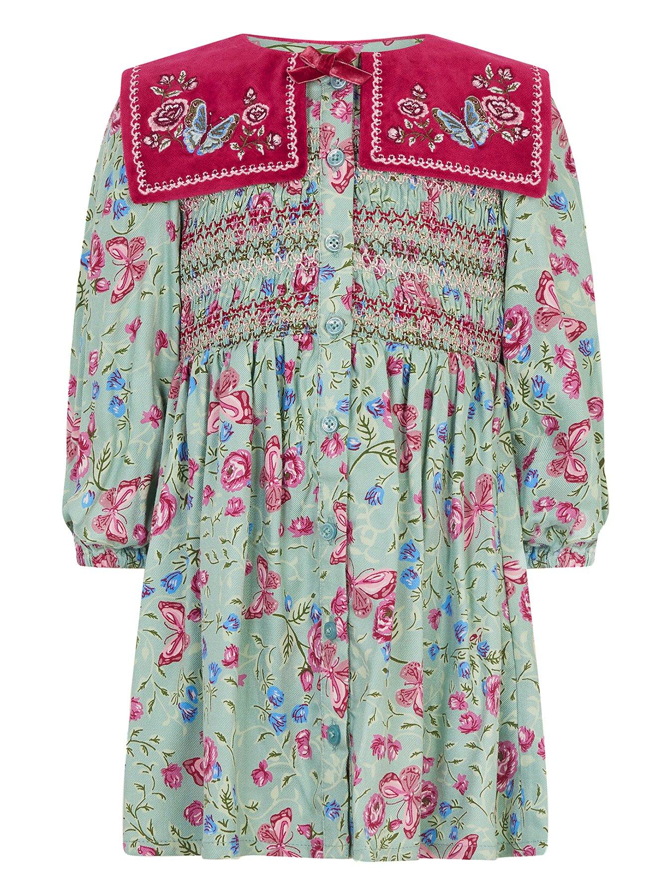 Image 2 of 4 of Monsoon Baby Girls Ditsy Collar Dress - Green