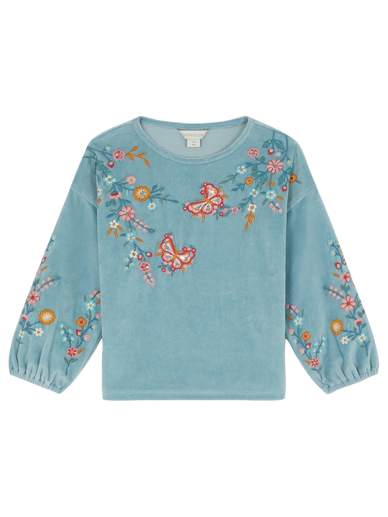 Monsoon Girls Velour Embroidered Sweat - Green