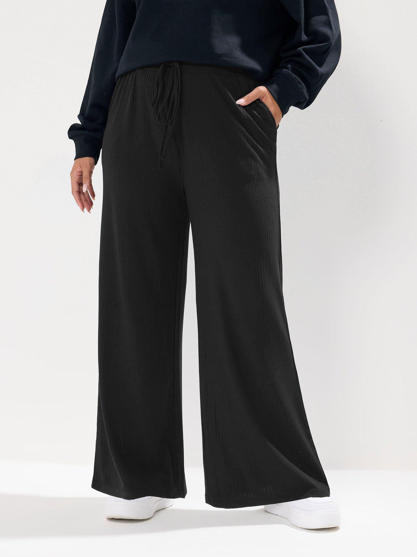 Yours Curve Ribbed Pull On Wide Leg 28" Trousers - Black