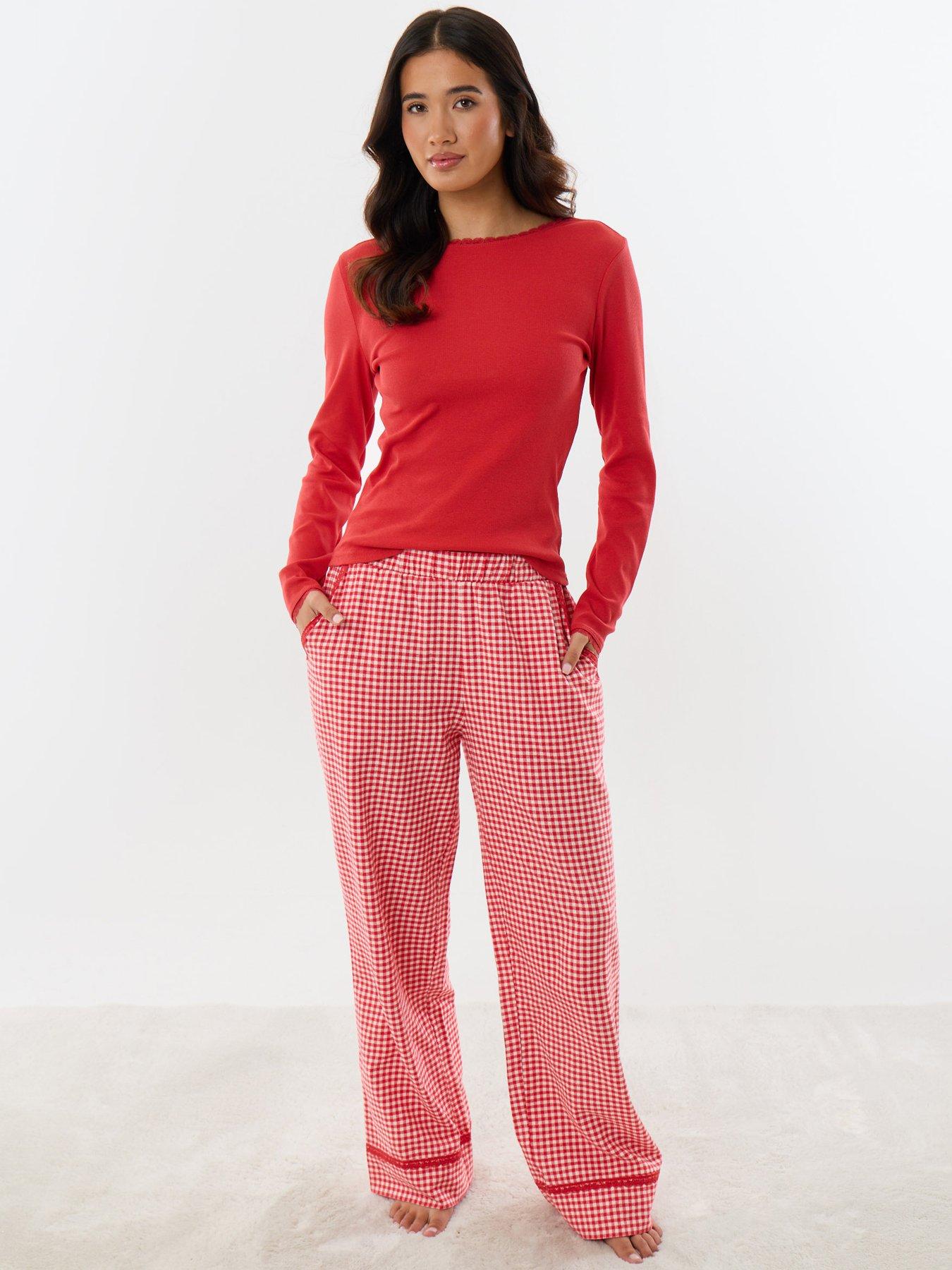 Image 1 of 5 of Threadbare Ladies Harvini Red Rib Crew Neck Check Trs - Red