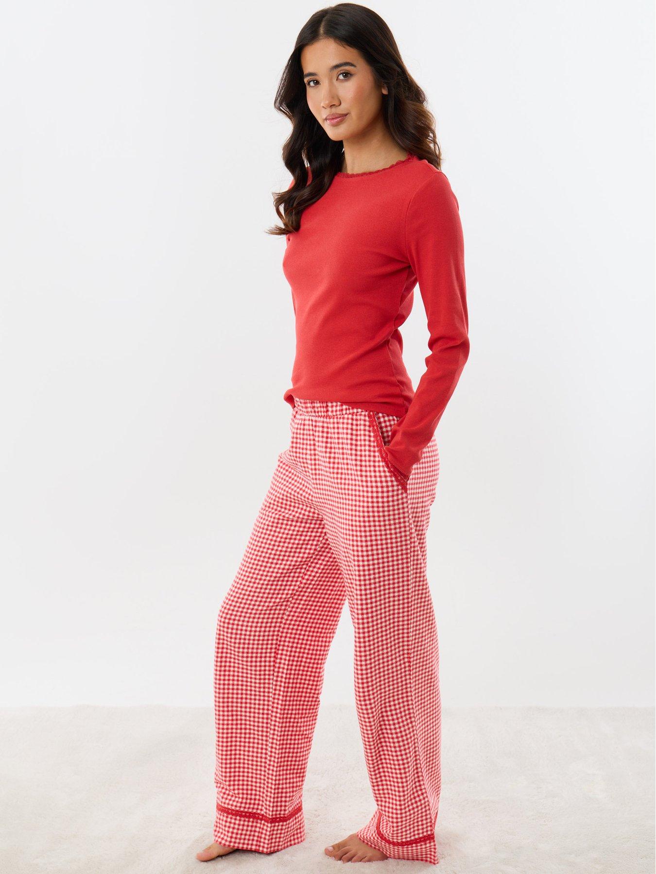 Image 3 of 5 of Threadbare Ladies Harvini Red Rib Crew Neck Check Trs - Red