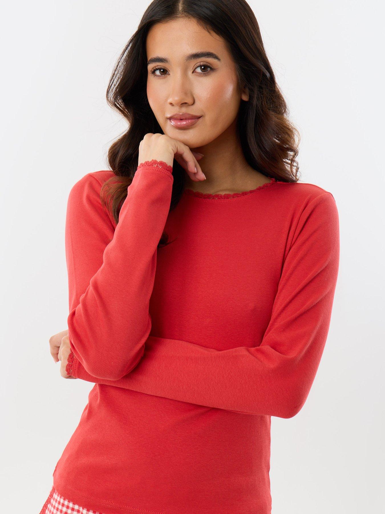 Image 4 of 5 of Threadbare Ladies Harvini Red Rib Crew Neck Check Trs - Red