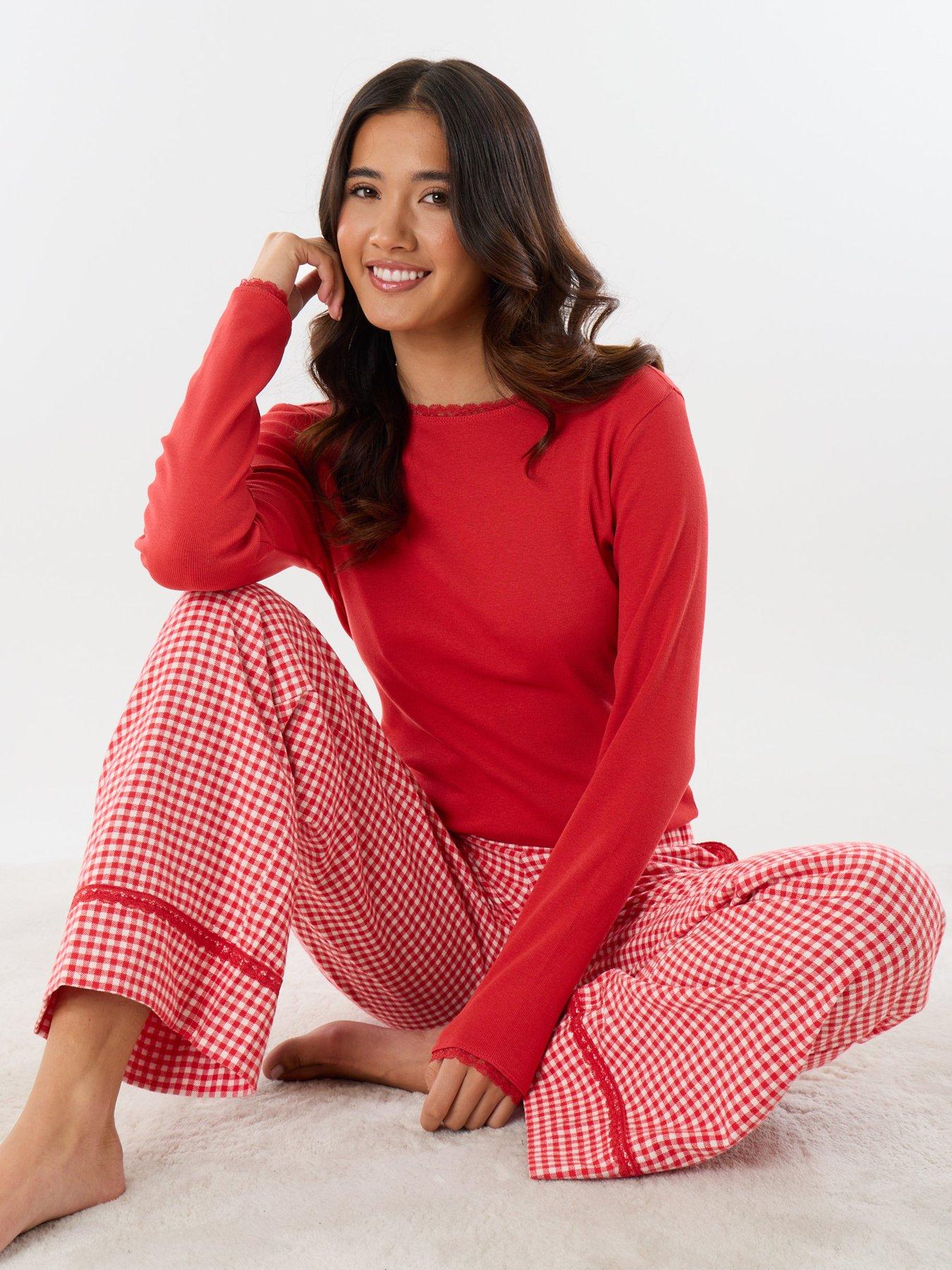 Image 5 of 5 of Threadbare Ladies Harvini Red Rib Crew Neck Check Trs - Red