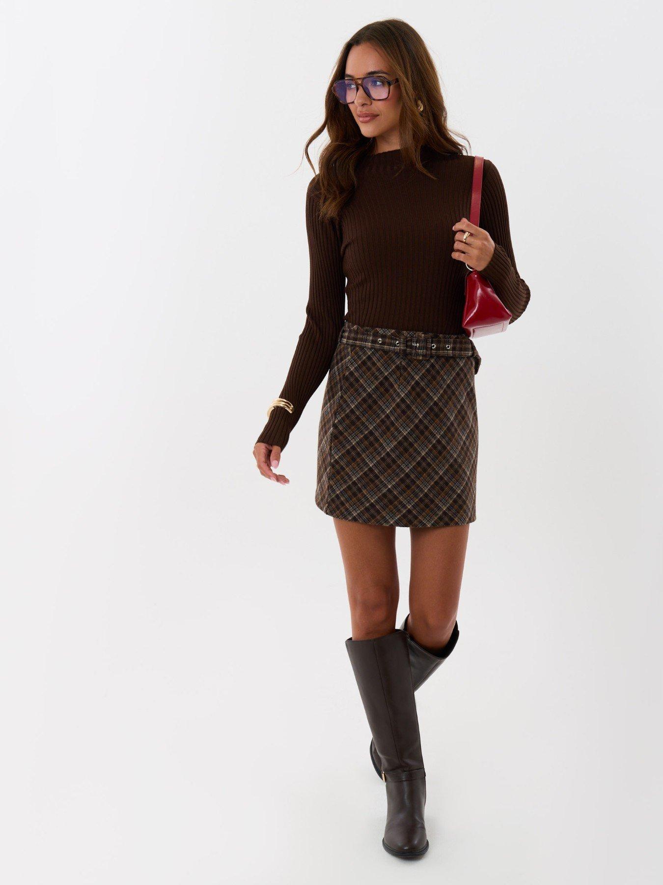 Image 4 of 5 of Threadbare Belted A-line Mini Skirt In Brown Check