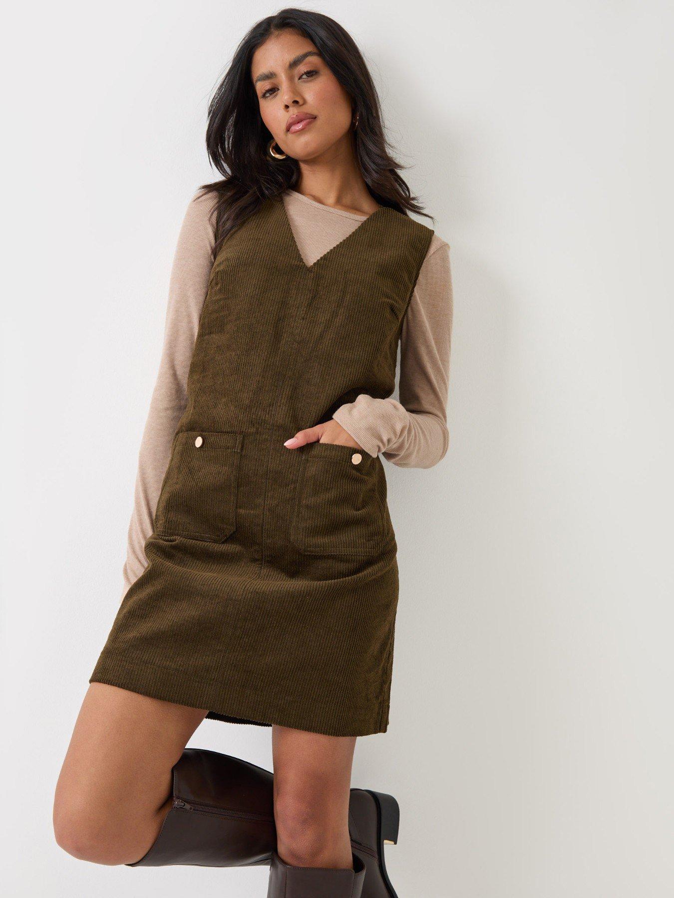 Image 1 of 4 of Threadbare Womens V Neck Corduroy Pocket Mini Dress - Green