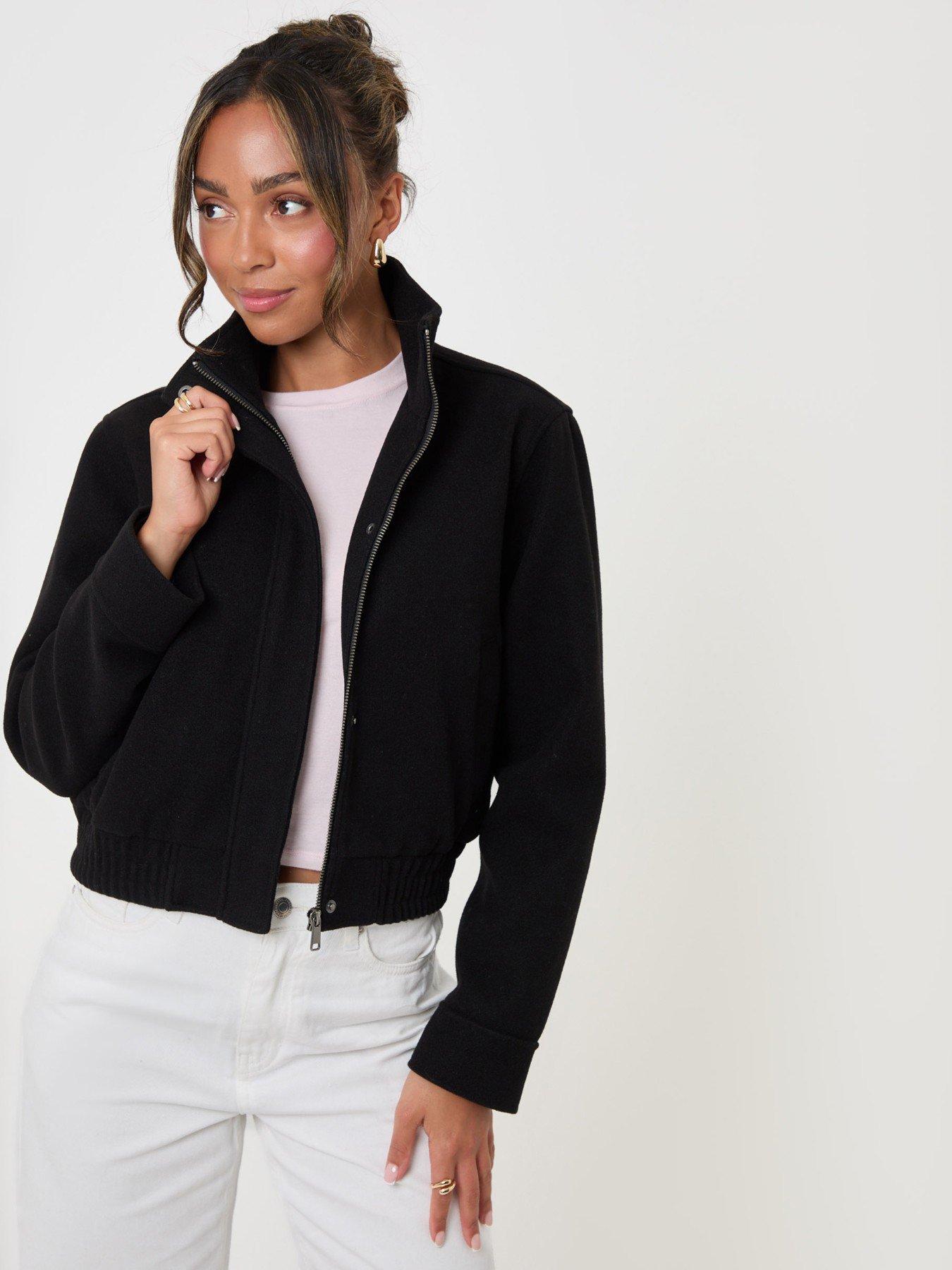 Image 1 of 4 of Threadbare Faux Wool Funnel Neck Bomber Jacket In Black