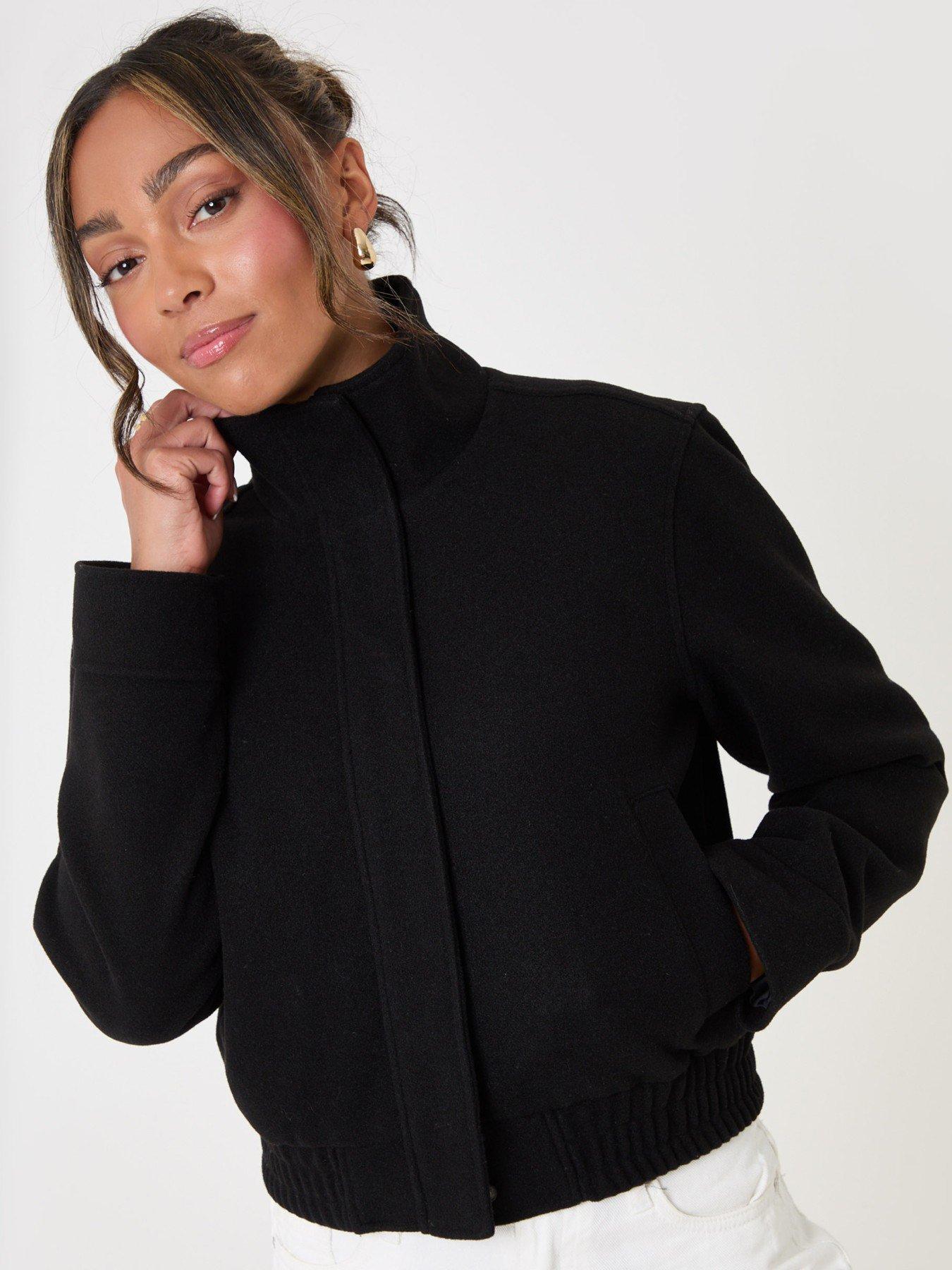 Image 3 of 4 of Threadbare Faux Wool Funnel Neck Bomber Jacket In Black