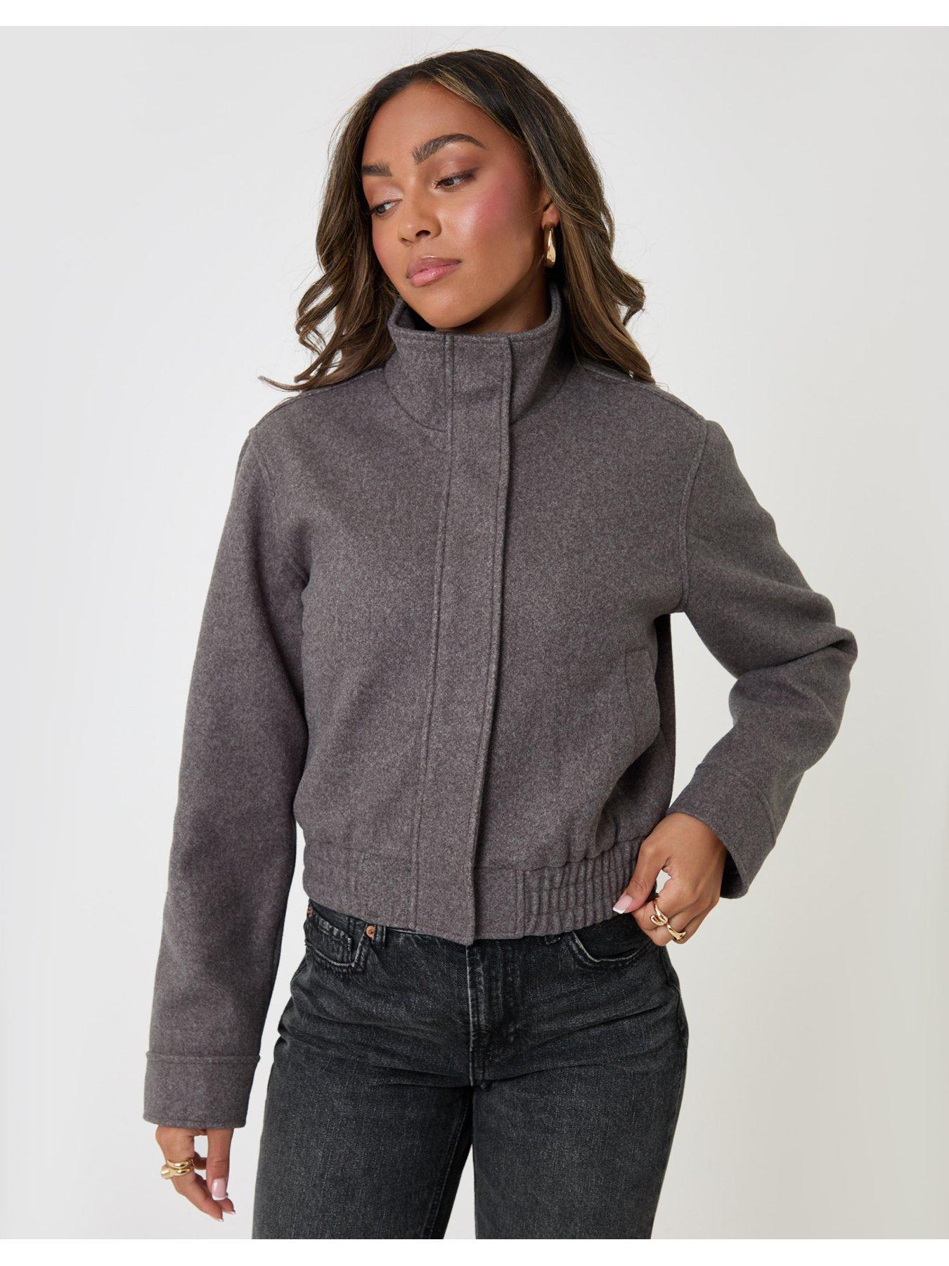Image 1 of 4 of Threadbare Faux Wool Funnel Neck Bomber Jacket In Grey Marl