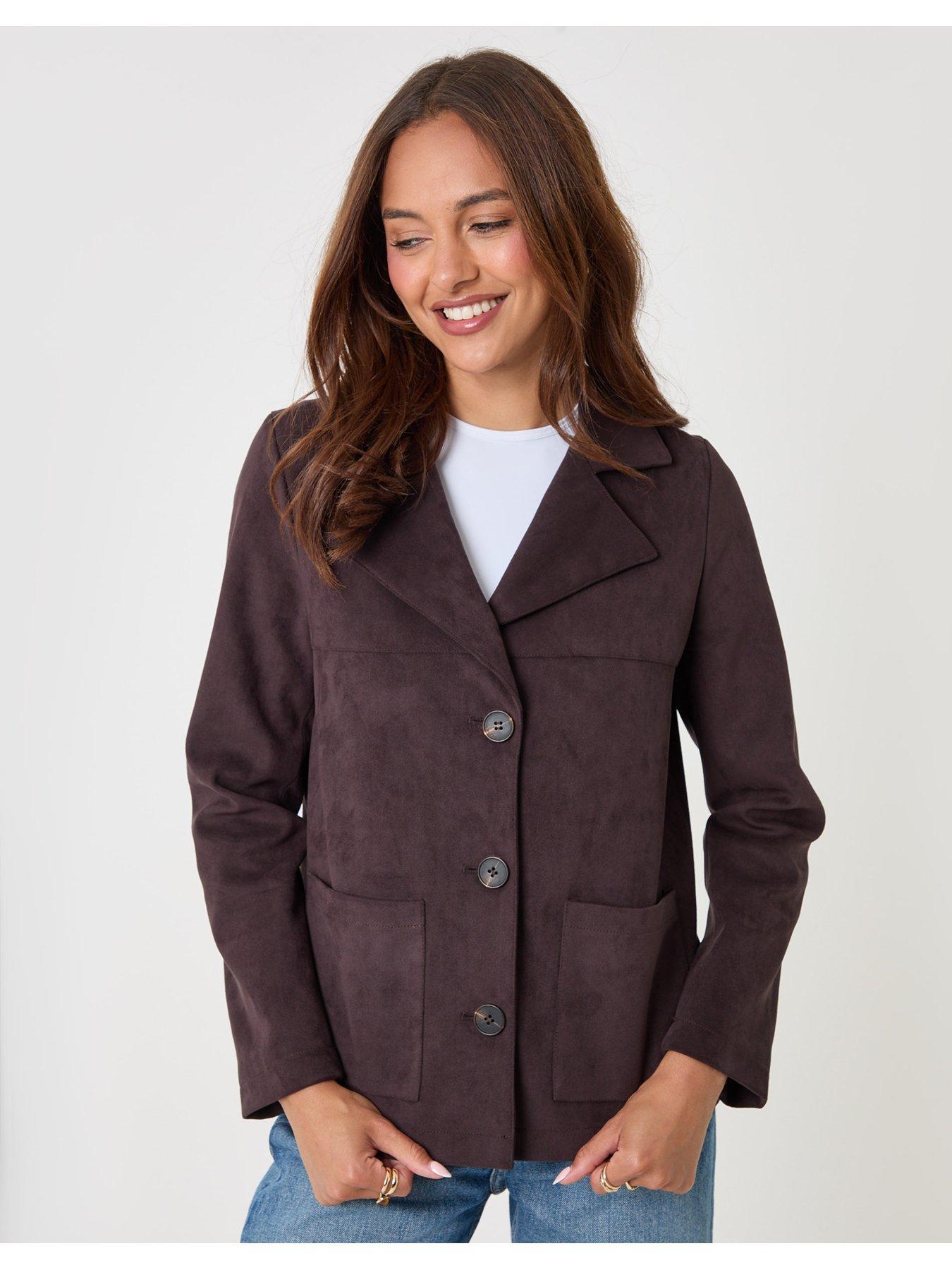 Image 1 of 4 of Threadbare Faux Suede Blazer In Chocolate Brown