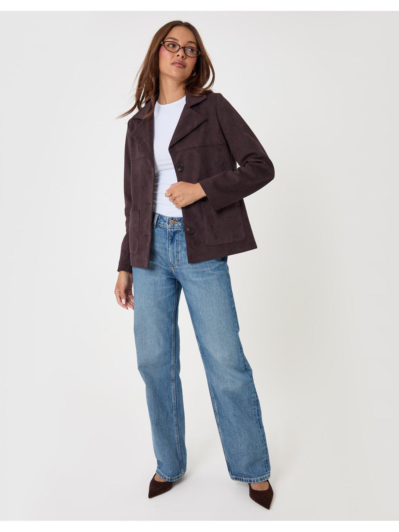 Image 3 of 4 of Threadbare Faux Suede Blazer In Chocolate Brown