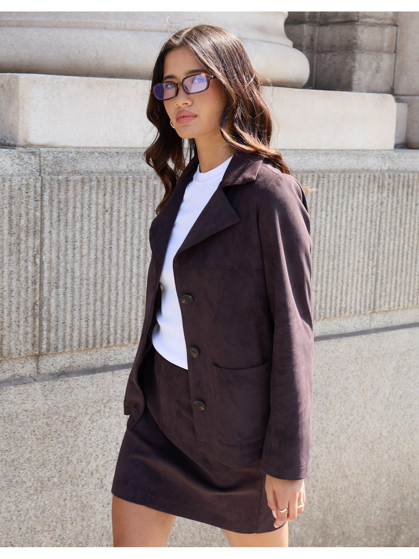 Image 4 of 4 of Threadbare Faux Suede Blazer In Chocolate Brown