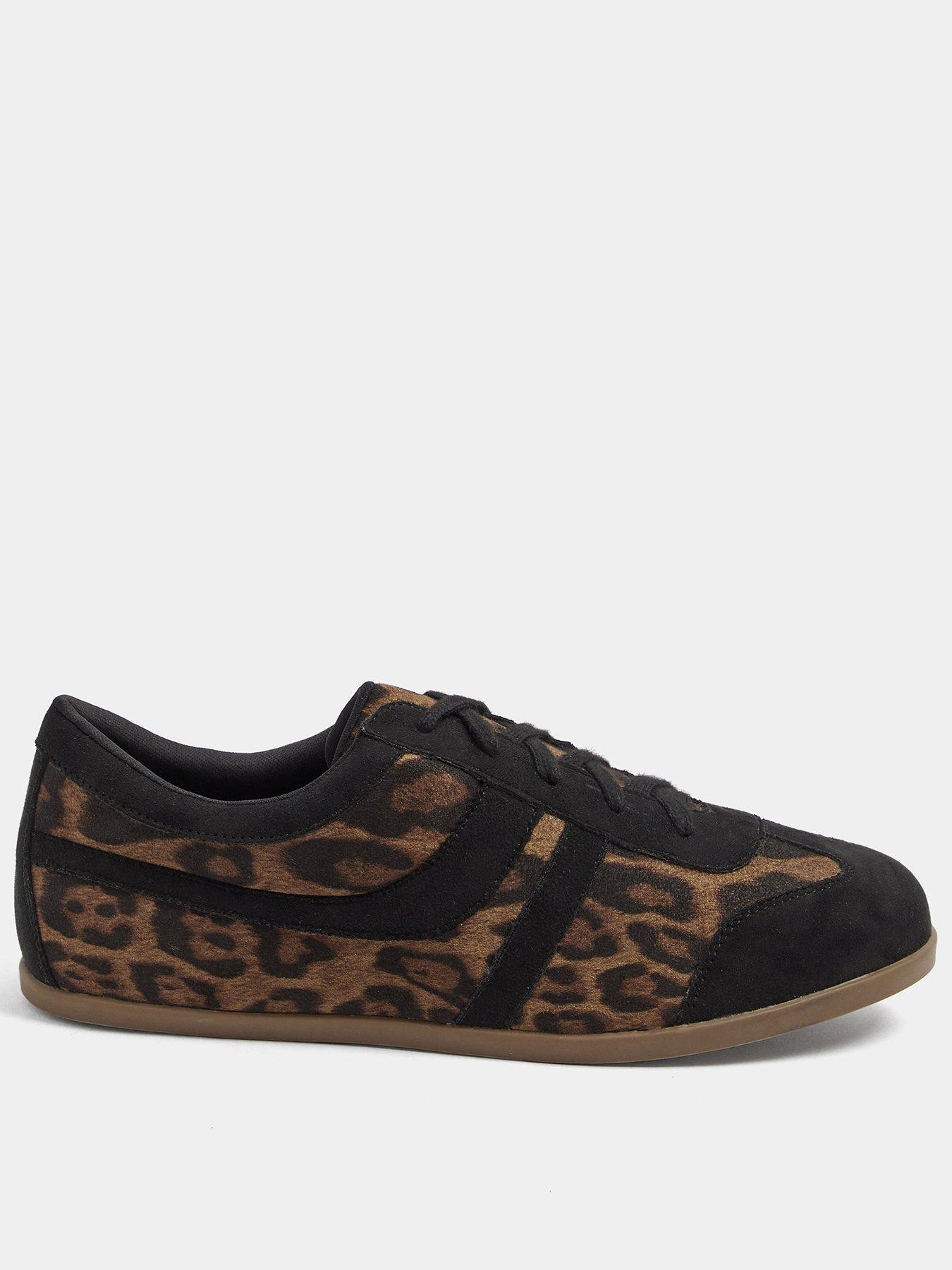Yours Curve Extra Wide Fit Leopard Print Low Retro Stripe Trainers - Black