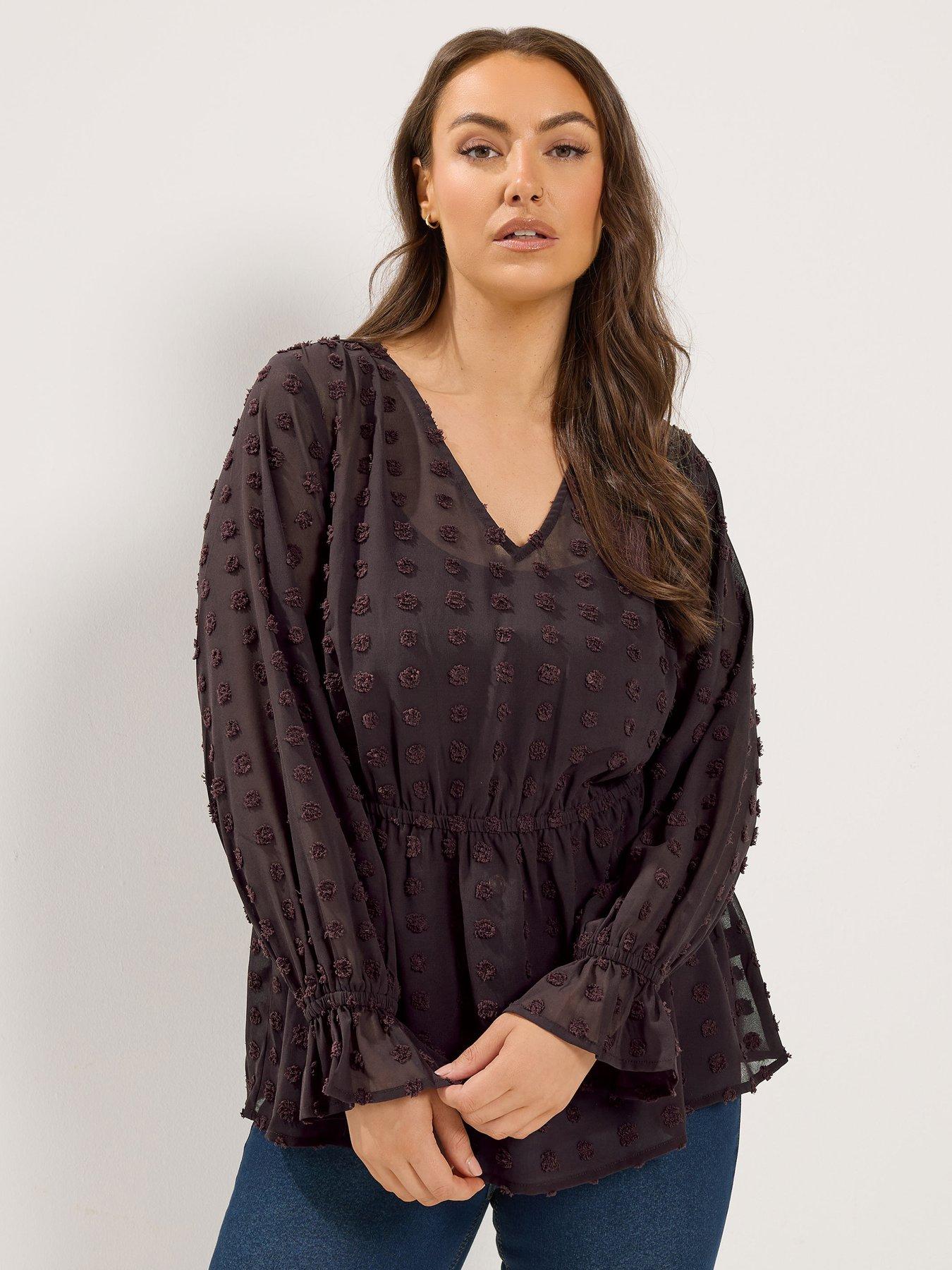 Image 1 of 4 of Yours Curve Dobby Spot Blouse - Brown