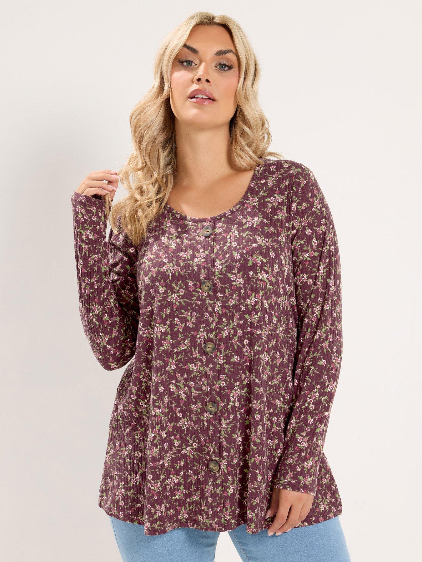 Yours Curve Floral Ribbed Button Top - Red