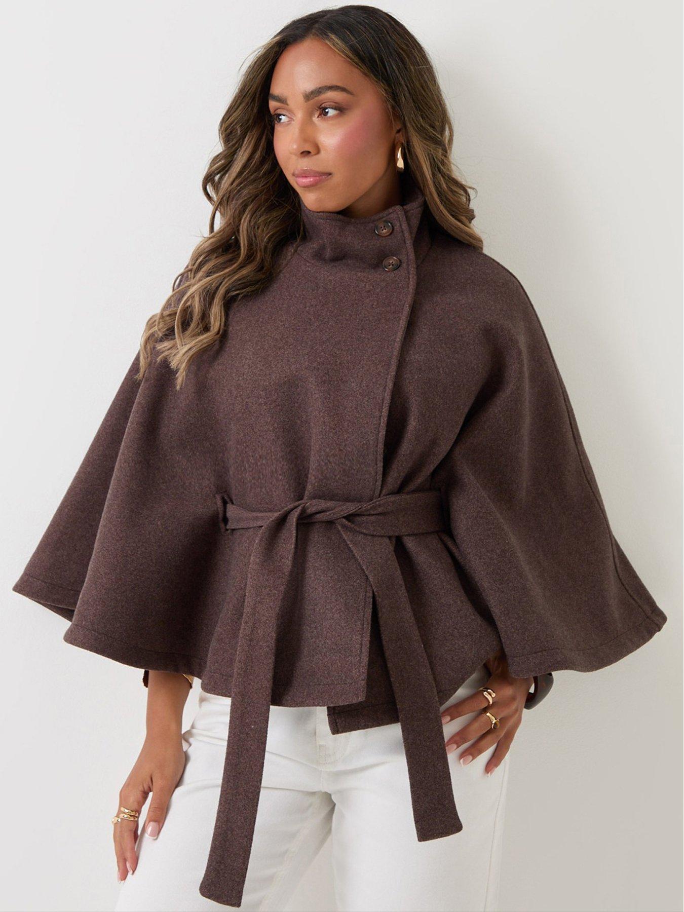 Image 1 of 5 of Threadbare Faux Wool Cape Coat In Chocolate Brown