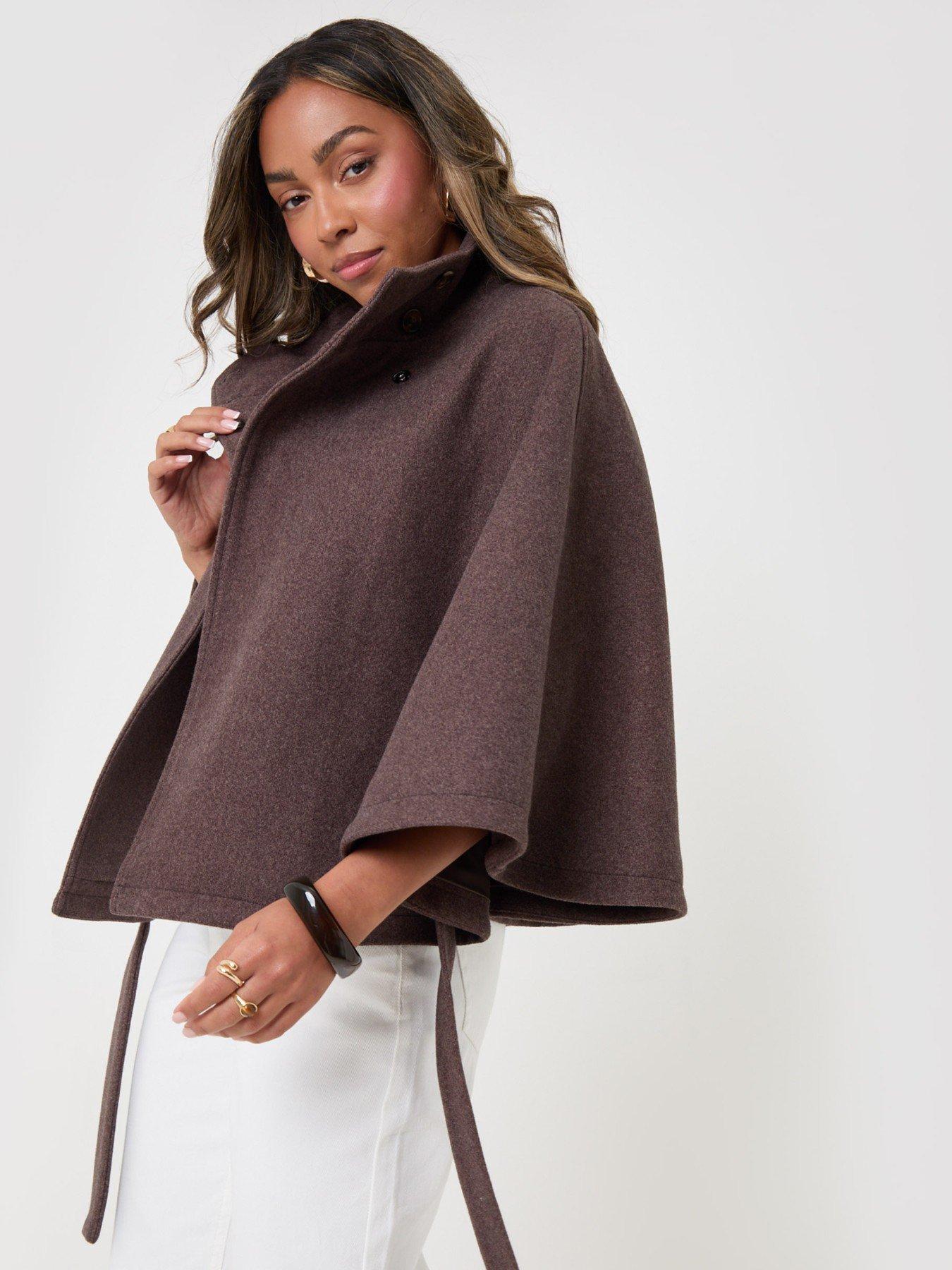 Image 3 of 5 of Threadbare Faux Wool Cape Coat In Chocolate Brown