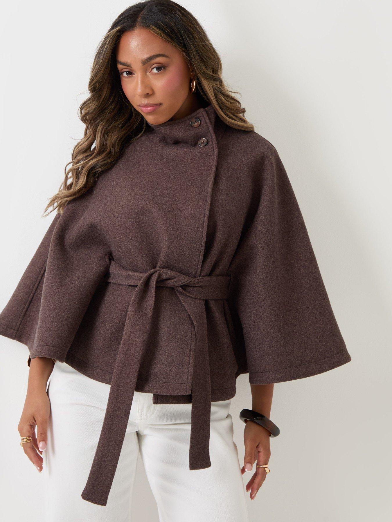 Image 5 of 5 of Threadbare Faux Wool Cape Coat In Chocolate Brown
