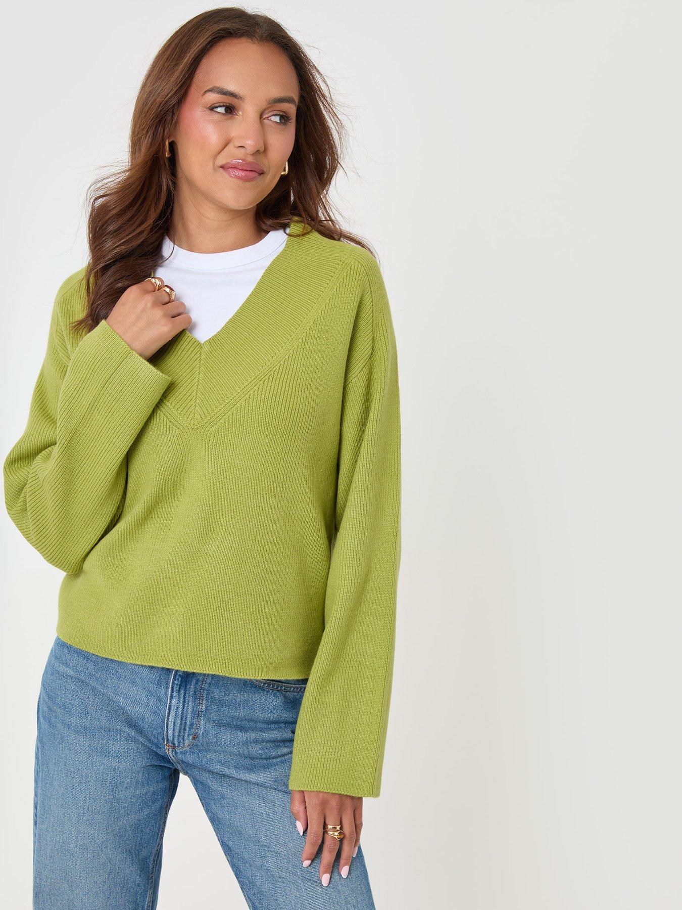 Image 3 of 4 of Threadbare Womens Deep Rib V-Neck Dropped Shoulder Jumper - Green