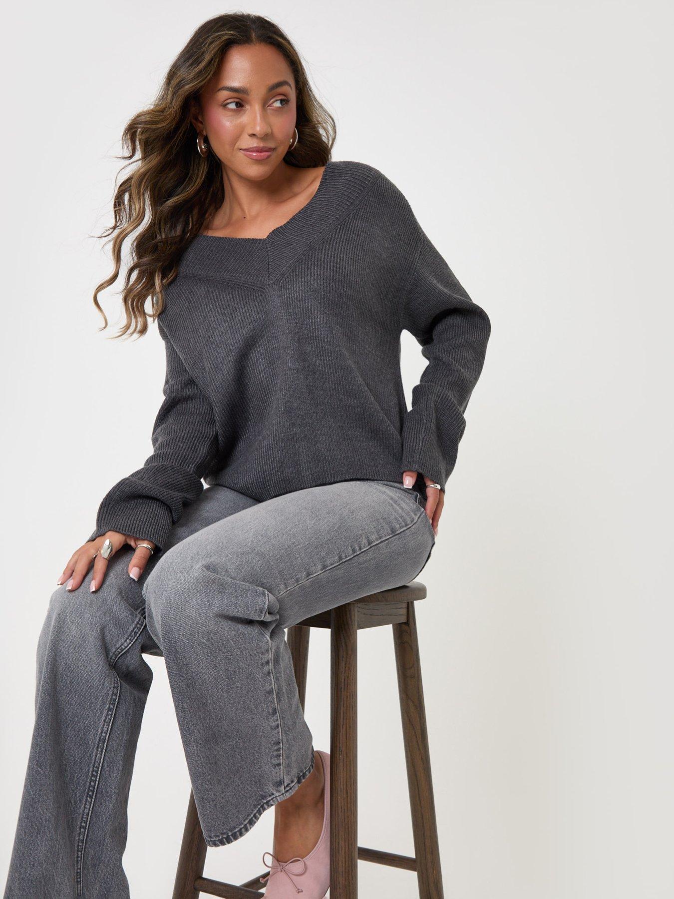 Image 3 of 4 of Threadbare Deep Rib V-neck Jumper In Charcoal Grey
