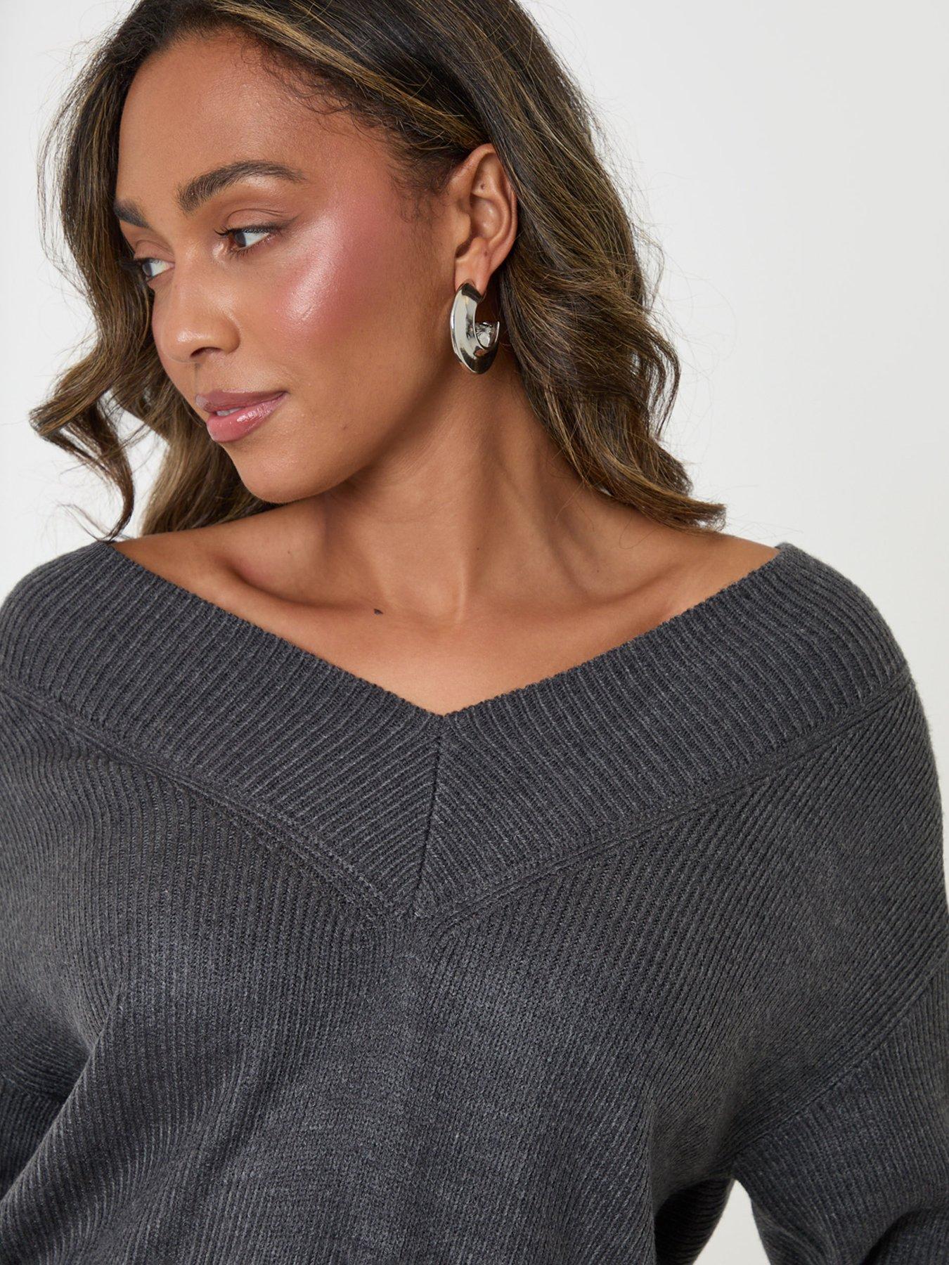 Image 4 of 4 of Threadbare Deep Rib V-neck Jumper In Charcoal Grey