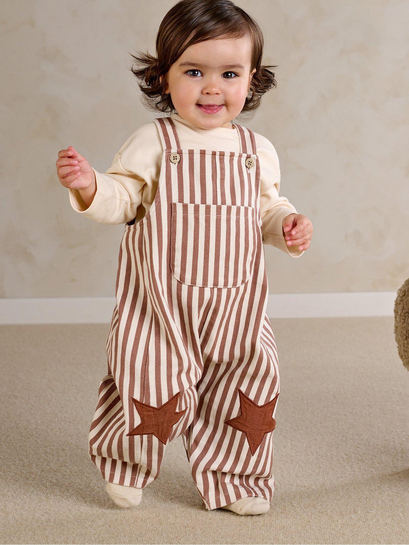 Image 1 of 7 of Mamas & Papas Baby Unisex 2 Piece Stripe Dungarees With Star Knee Patches &amp; Long Sleeve Top Set - Brown