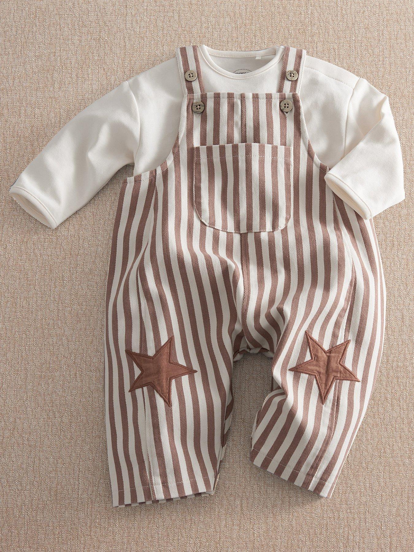Image 2 of 7 of Mamas & Papas Baby Unisex 2 Piece Stripe Dungarees With Star Knee Patches &amp; Long Sleeve Top Set - Brown
