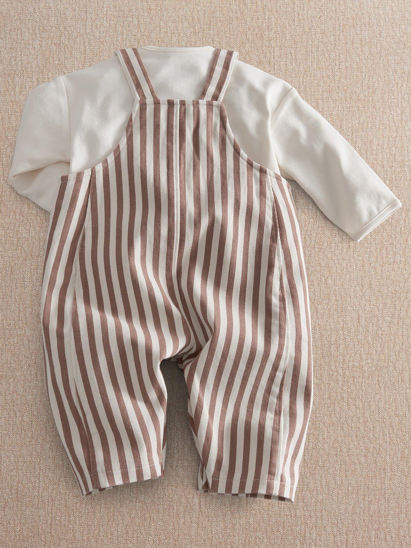 Image 3 of 7 of Mamas & Papas Baby Unisex 2 Piece Stripe Dungarees With Star Knee Patches &amp; Long Sleeve Top Set - Brown
