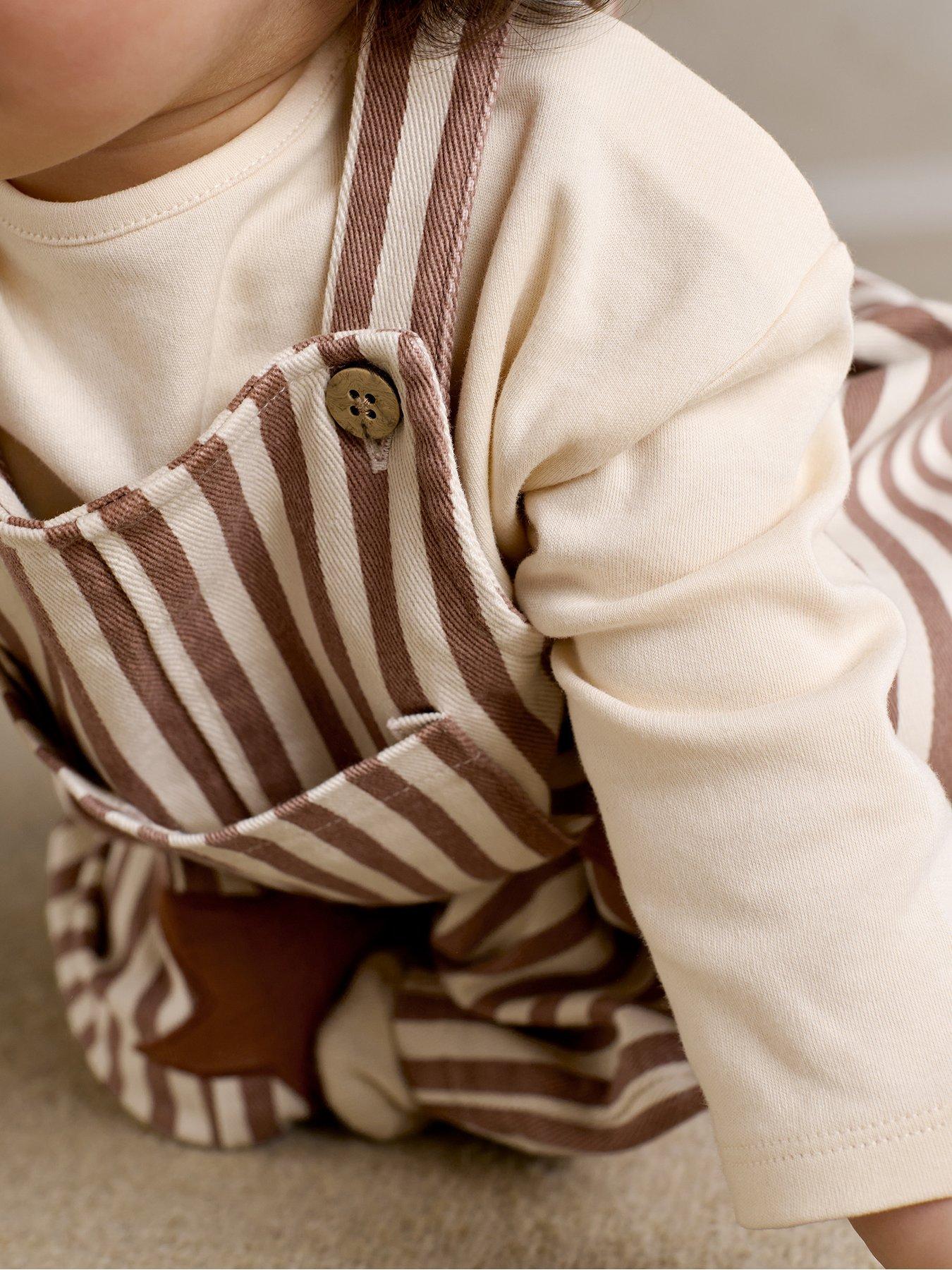 Image 4 of 7 of Mamas & Papas Baby Unisex 2 Piece Stripe Dungarees With Star Knee Patches &amp; Long Sleeve Top Set - Brown
