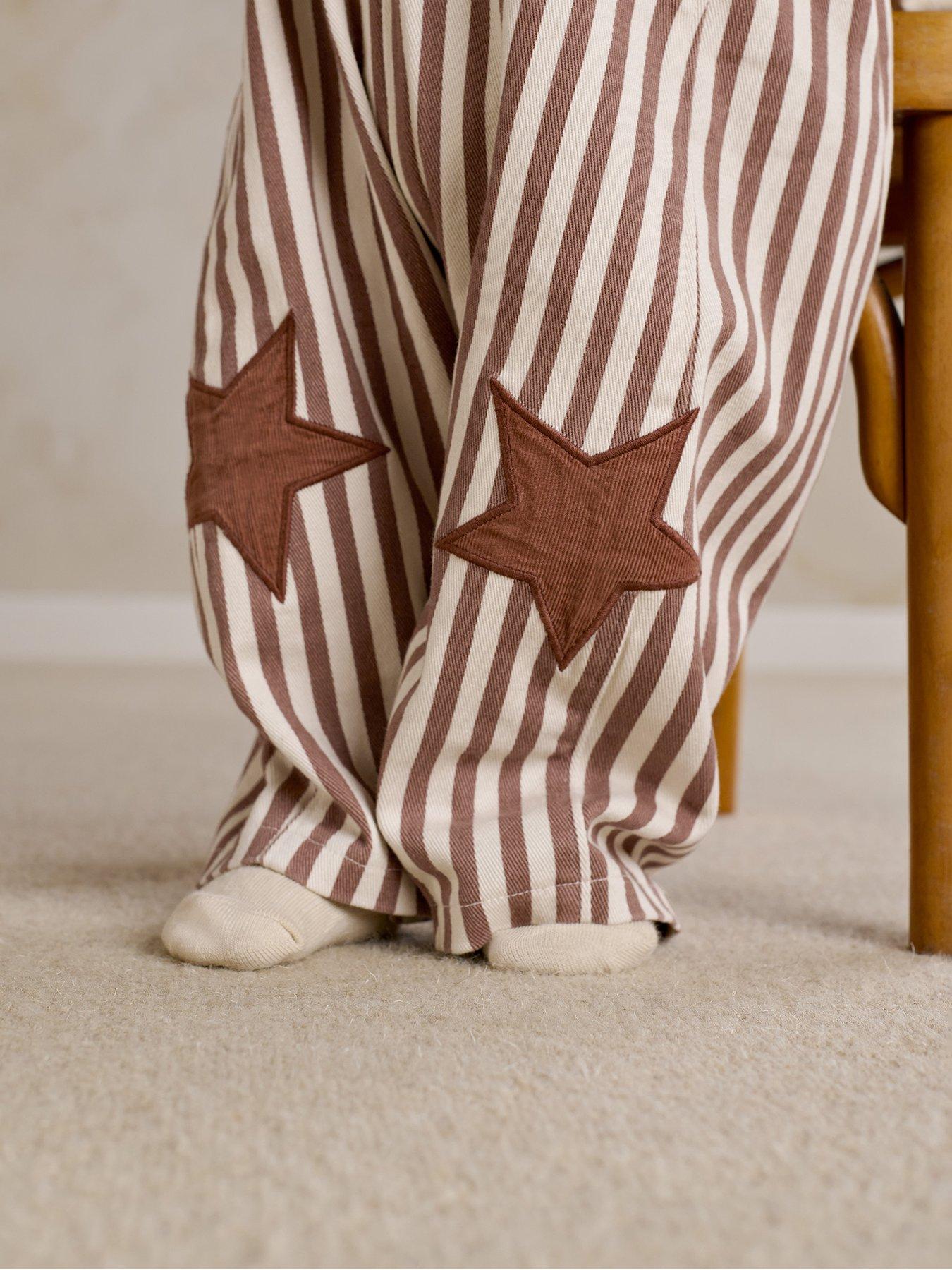 Image 6 of 7 of Mamas & Papas Baby Unisex 2 Piece Stripe Dungarees With Star Knee Patches &amp; Long Sleeve Top Set - Brown