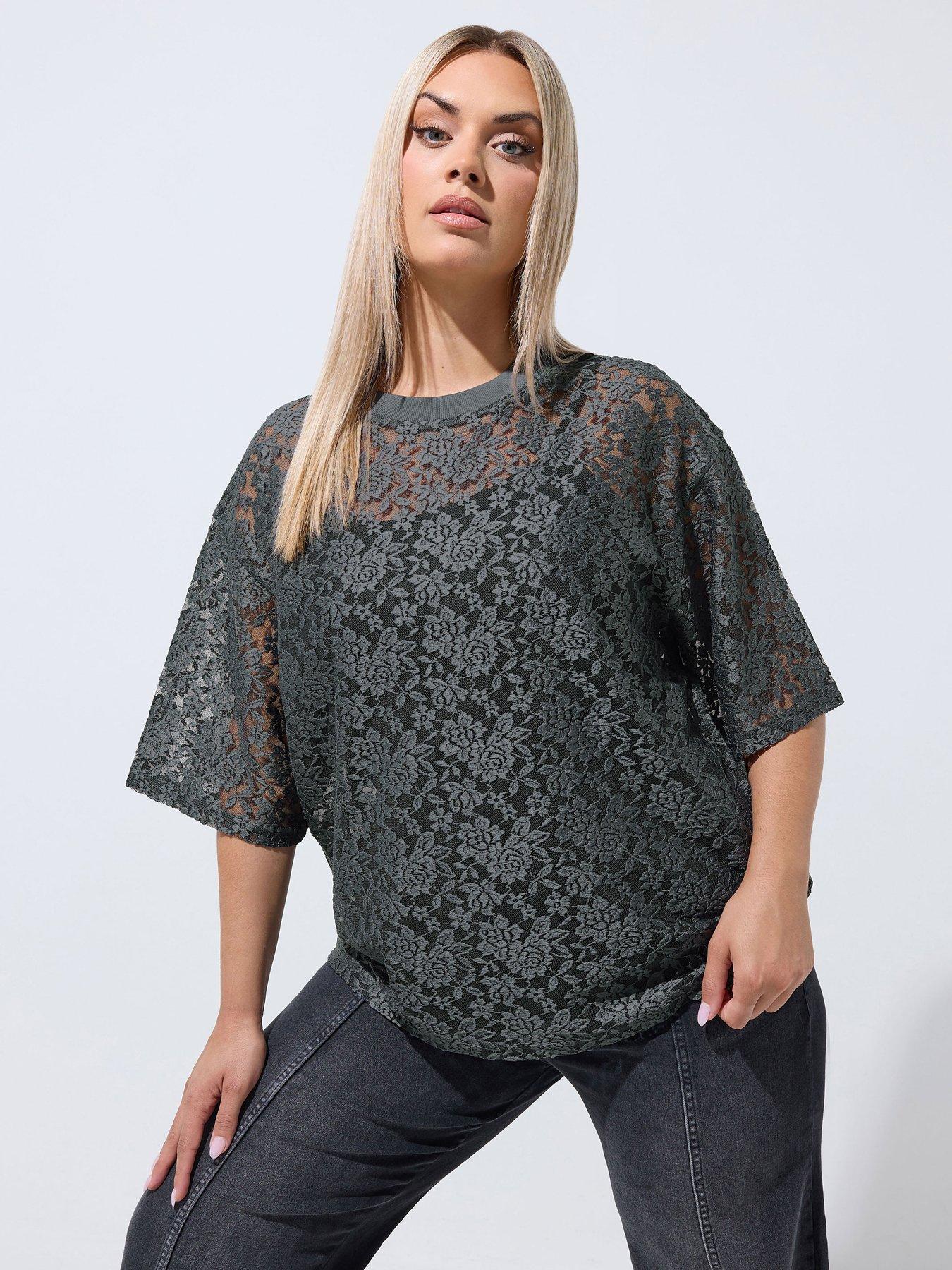 Yours Curve All Over Lace T-Shirt - Grey