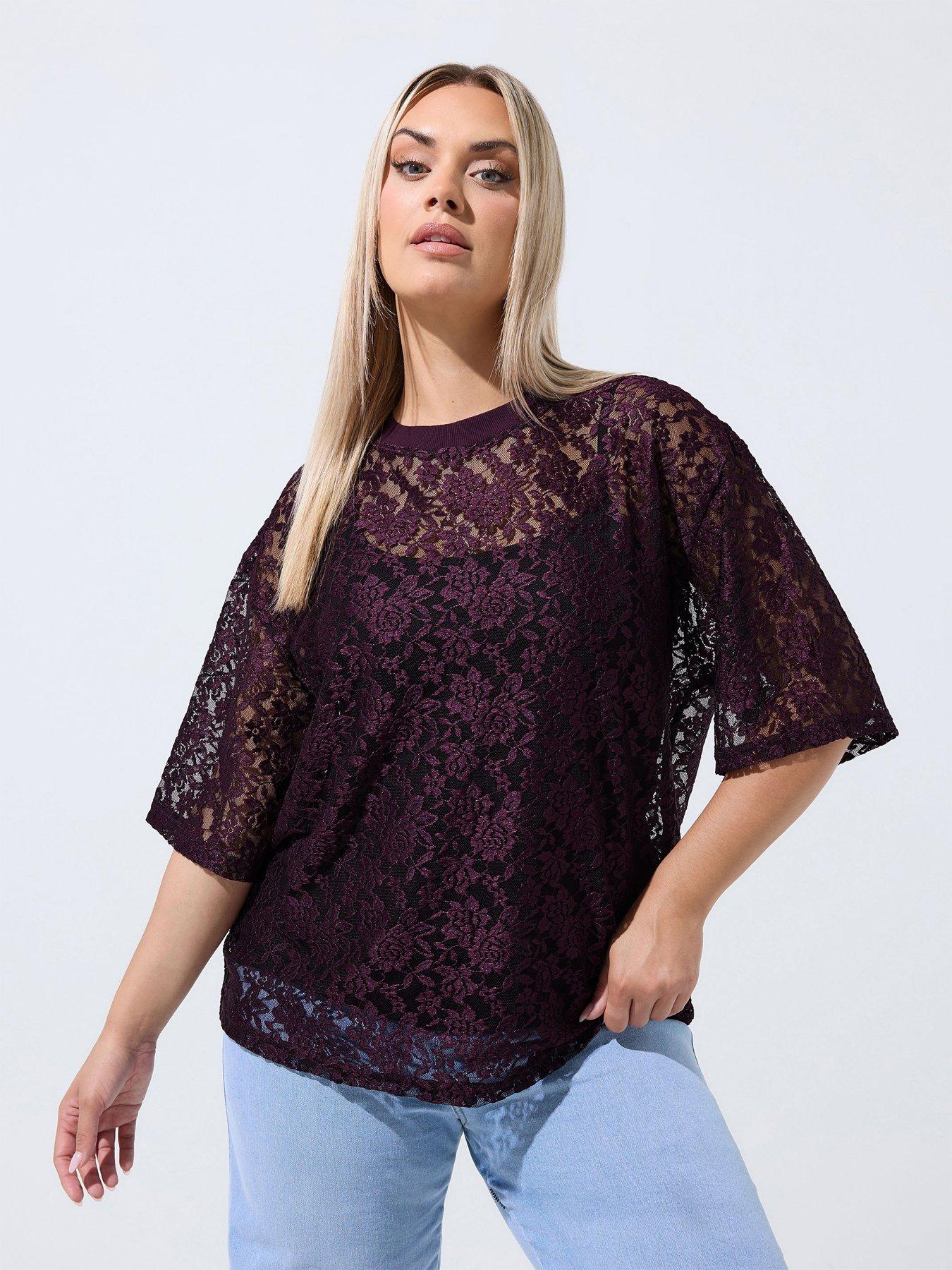 Yours Curve All Over Lace T-Shirt - Purple