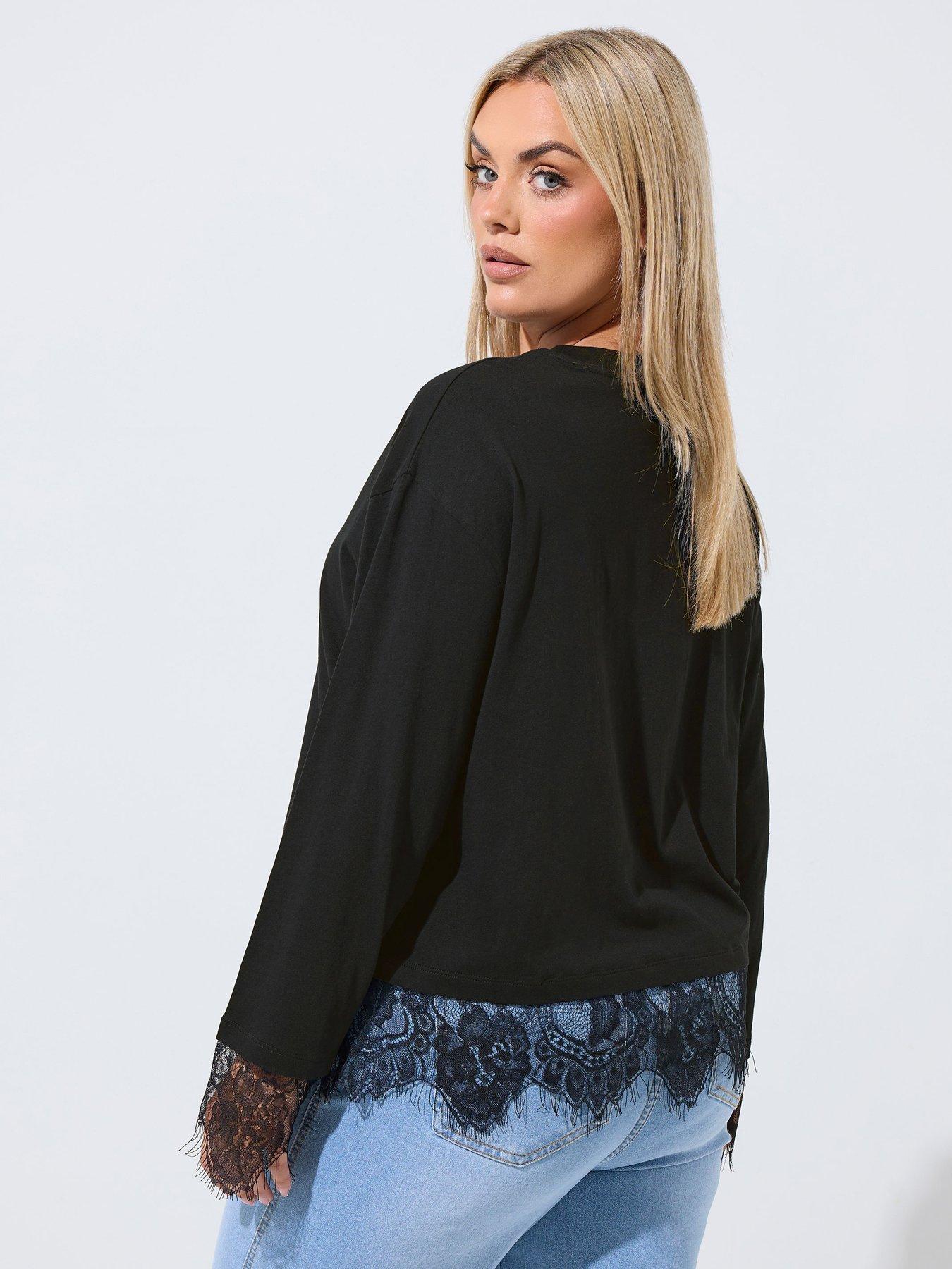 Image 2 of 4 of Yours Curve Lace Cuff And Hem Long Sleeve Top - Black