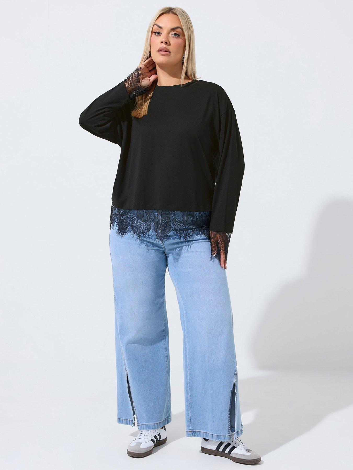 Image 3 of 4 of Yours Curve Lace Cuff And Hem Long Sleeve Top - Black