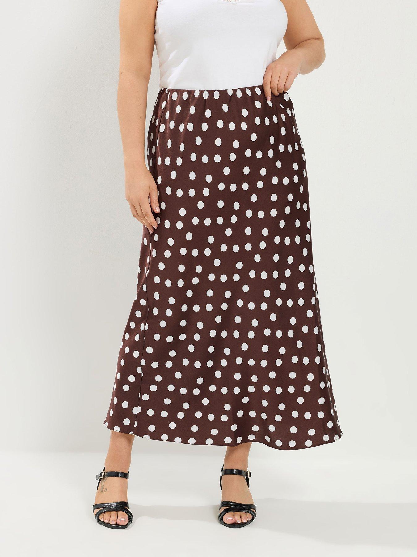 Yours Curve Satin Spot Skirt - Brown